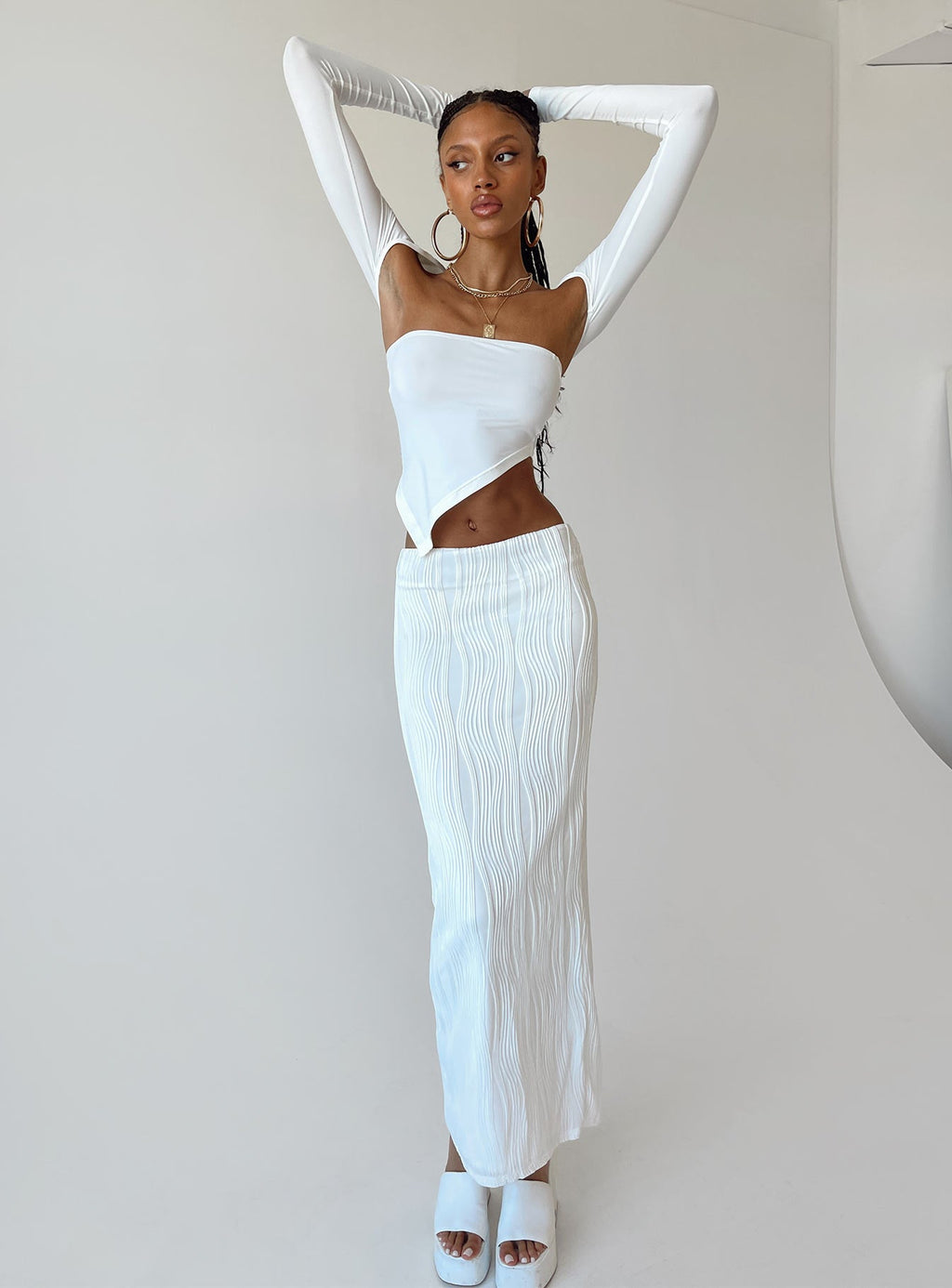 Echo Low Waist Knitted Maxi Skirt White