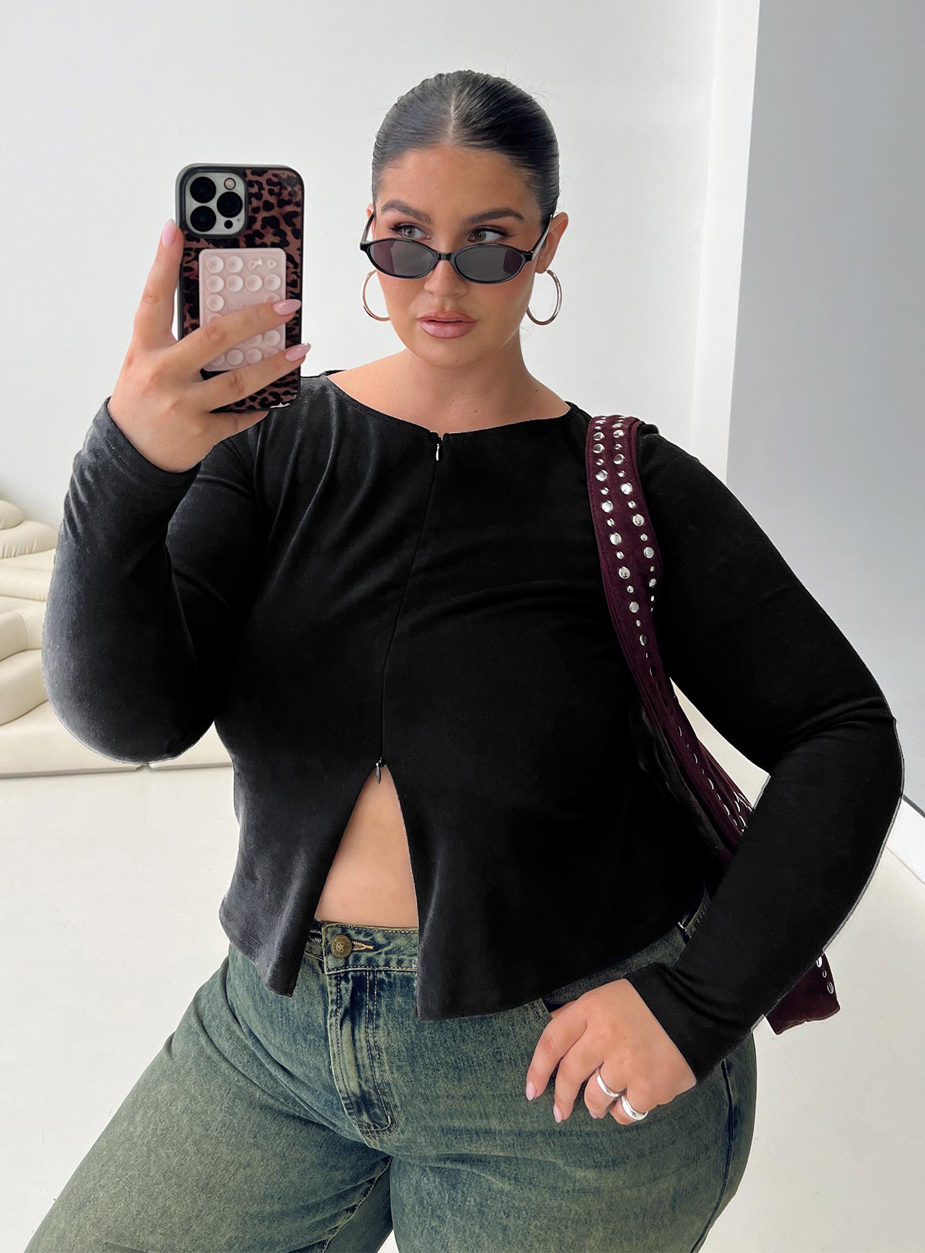 Kortez Long Sleeve Zip Through Top Black Curve