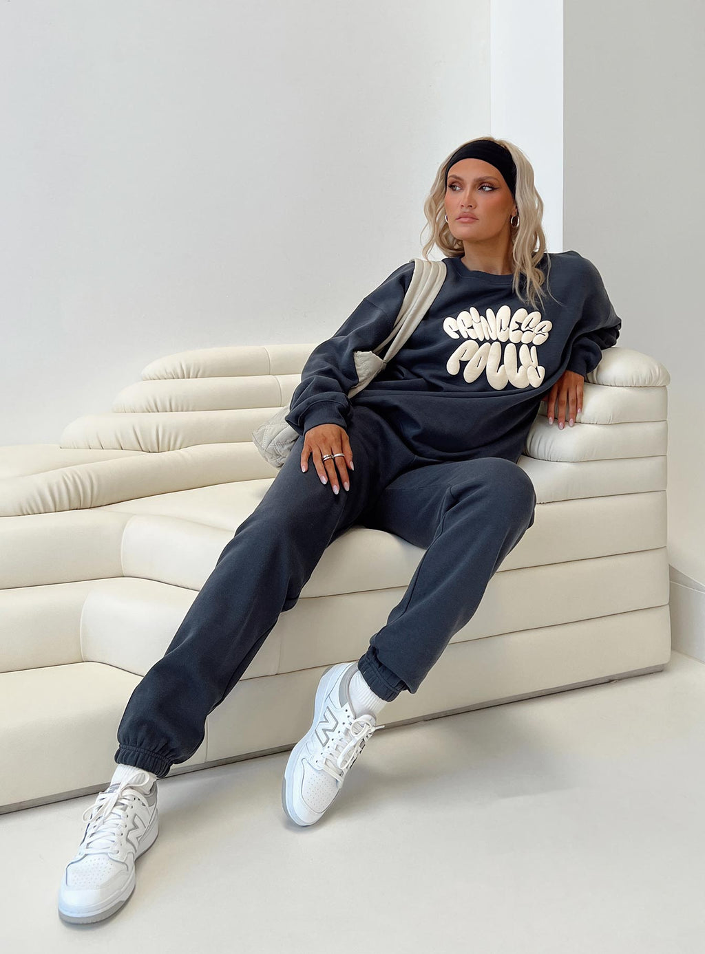 Princess Polly Track Pants Bubble Text Slate / Eggshell