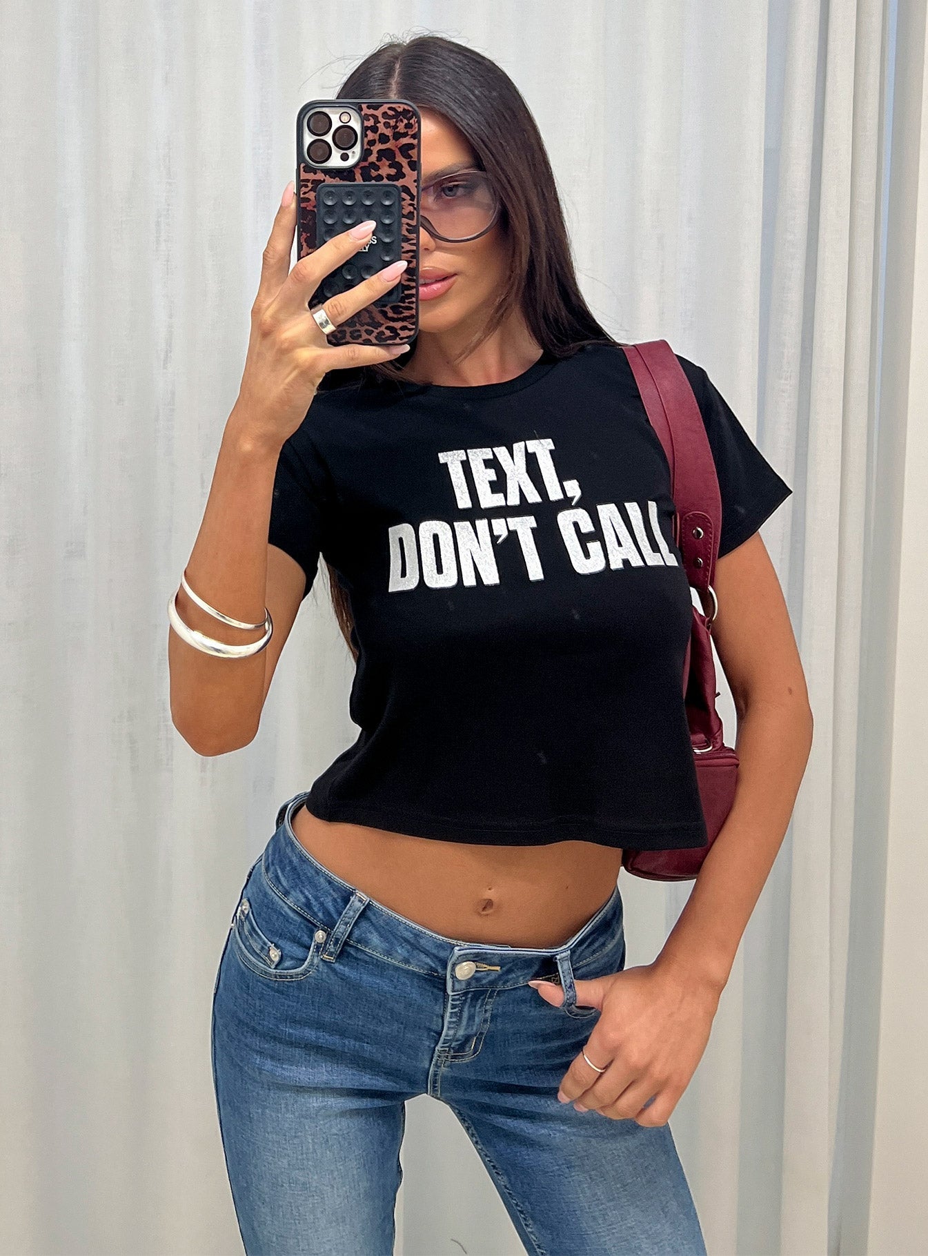 Text, Don't Call Shimmer Graphic Top Black