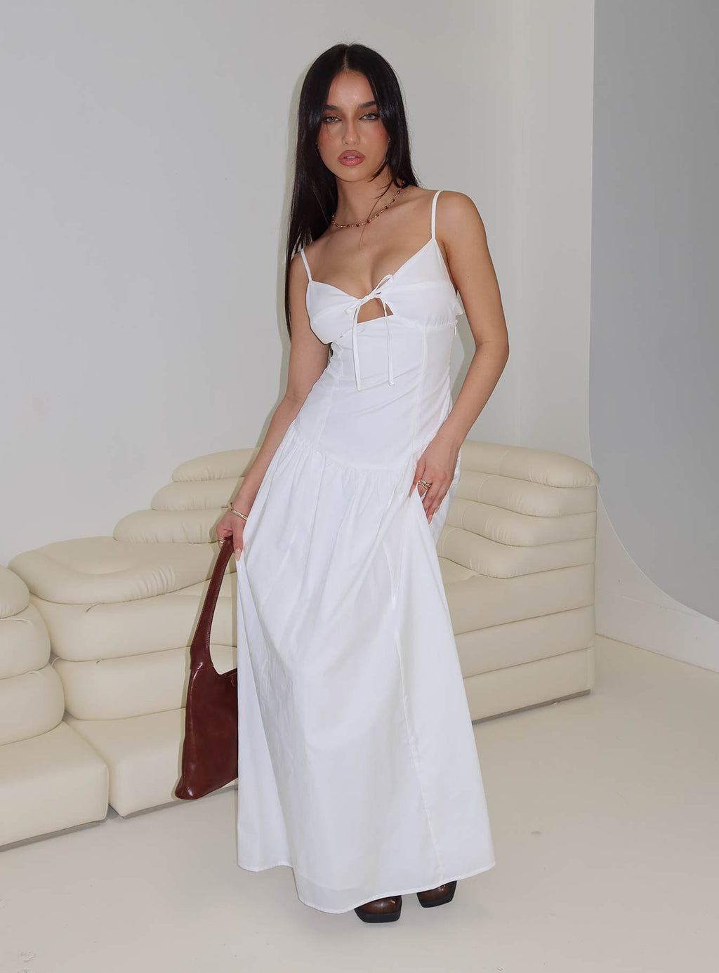 Lady Belle Drop Waist Pleat Maxi Dress White