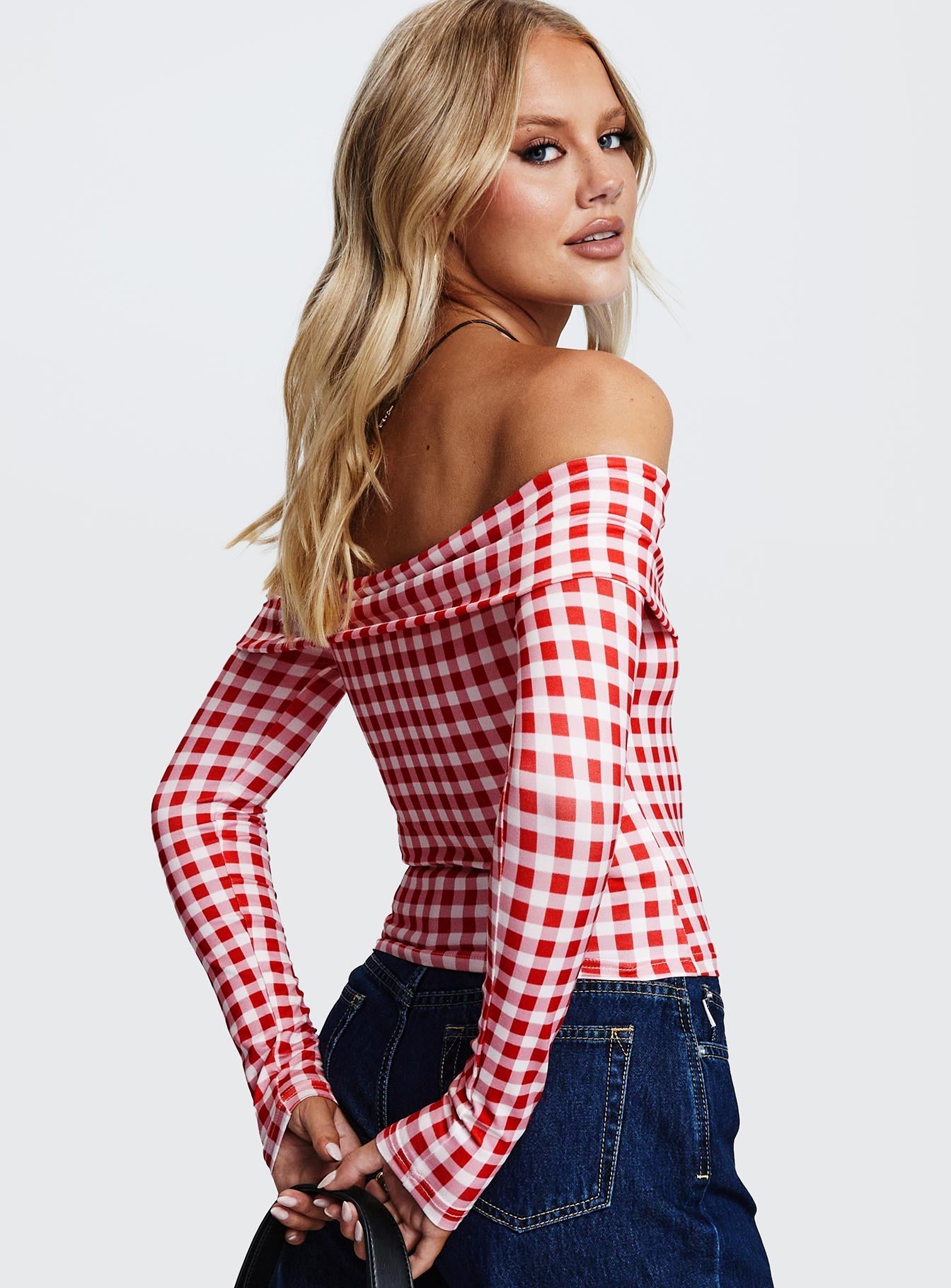 Singular Off The Shoulder Long Sleeve Top Red Check