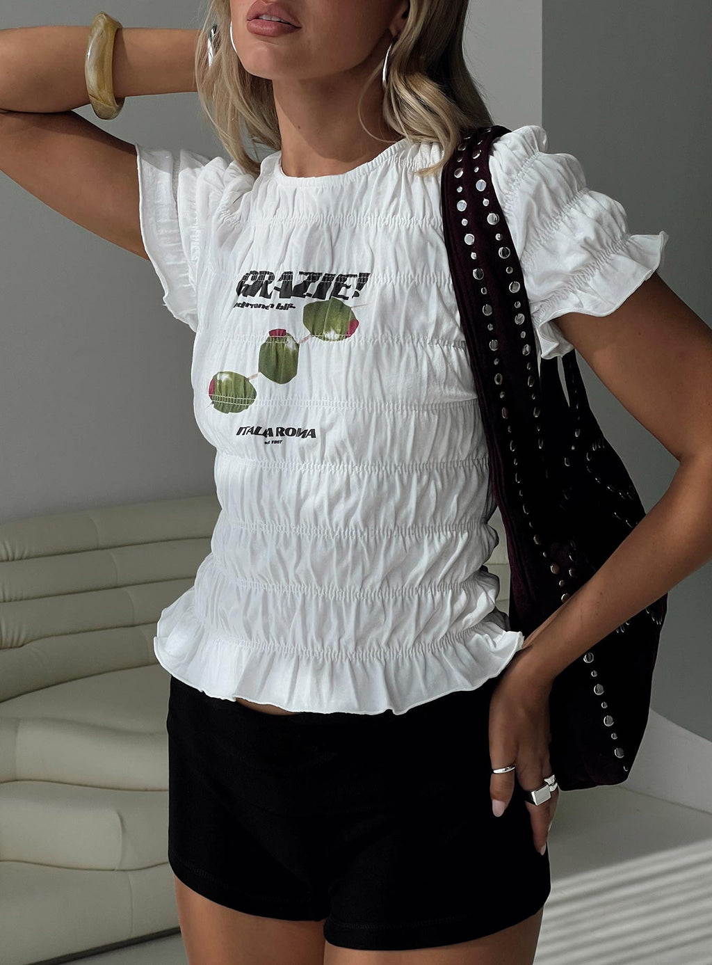Grazie Mille Shirred Graphic Top White / Green