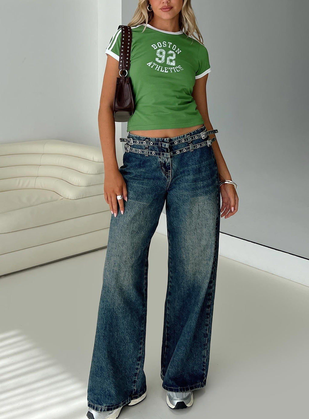 Baccarat Mid Rise Wide Leg Belted Jeans Dark Blue