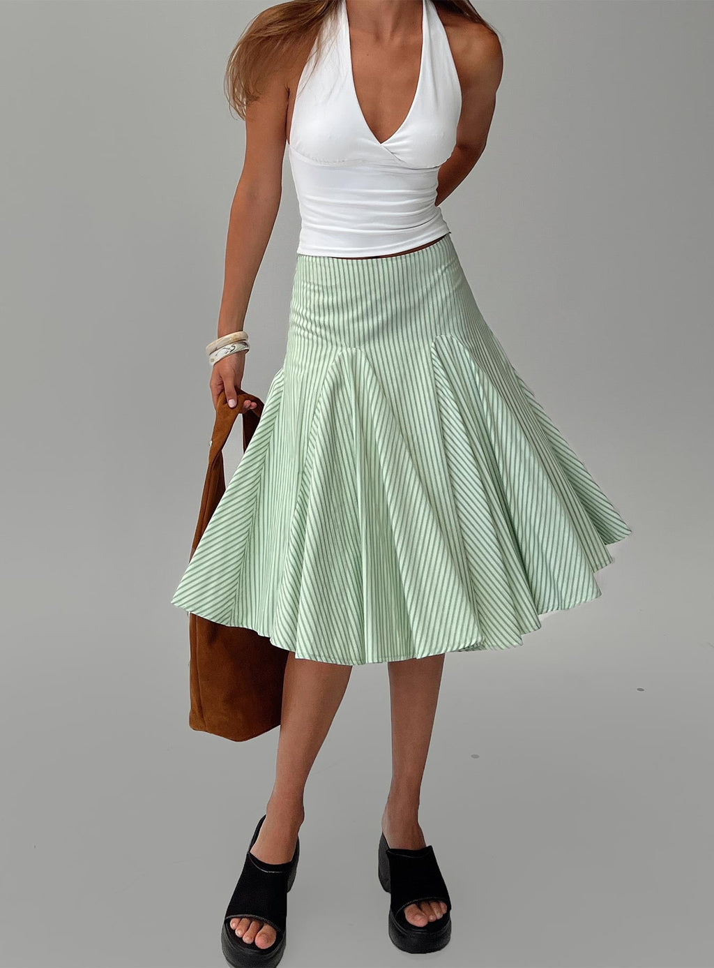 Evangaleine Pleat Midi Skirt Green / White