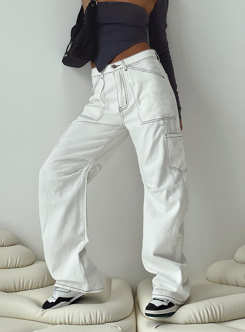 Miami Vice Mid Rise Straight Leg Cargo Pants White