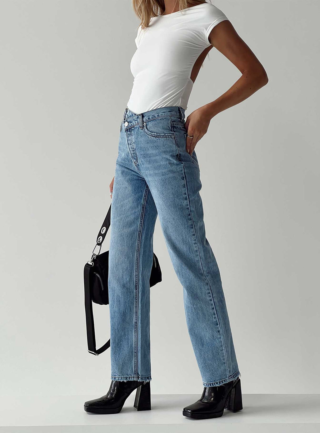 Holly Mid Rise Straight Leg Asymmetric Jean Light Wash Denim