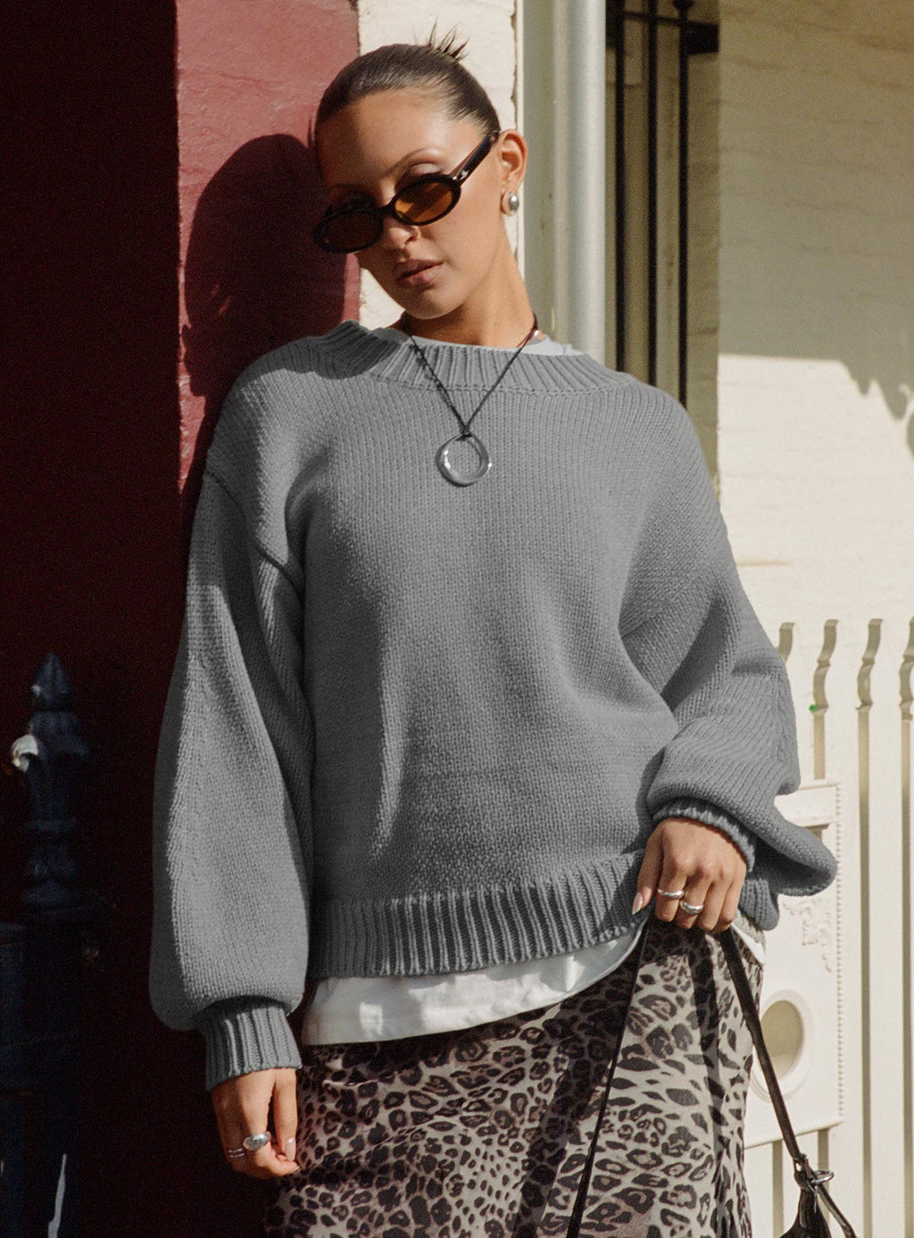 Harmony Balloon Sleeve Knit Sweater Grey