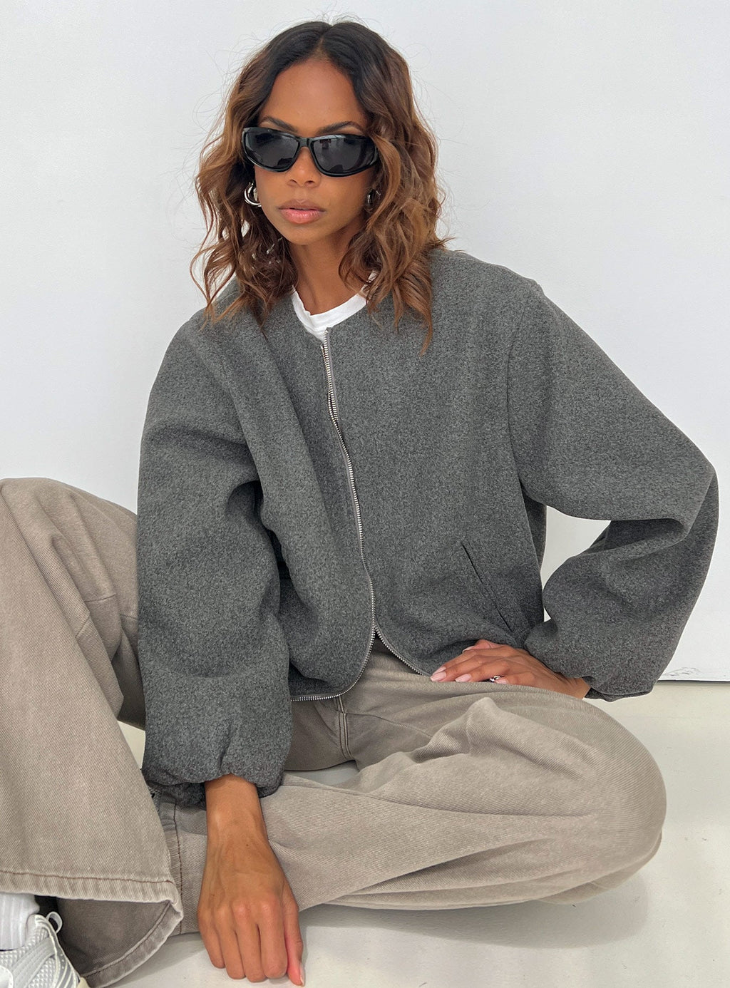 Karletta Cropped Bomber Jacket Grey