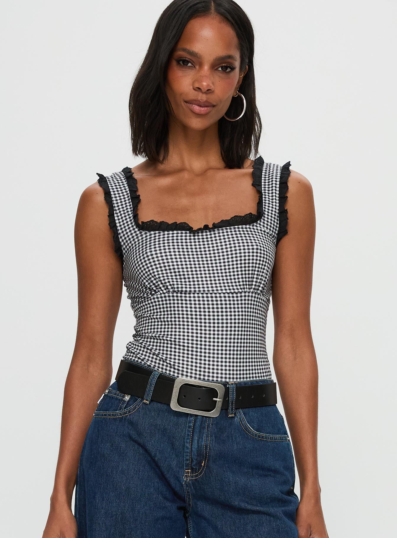 Trustfund Lace Trim Bodysuit Black / White Check