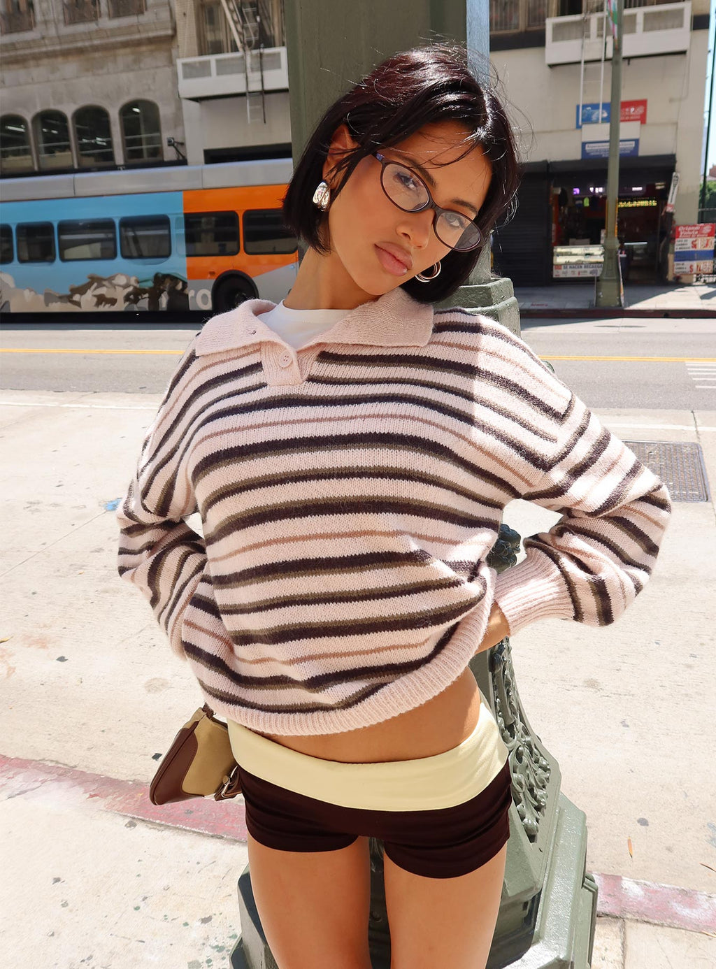 Jeanny Collared Knit Sweater Brown / Pink Stripe