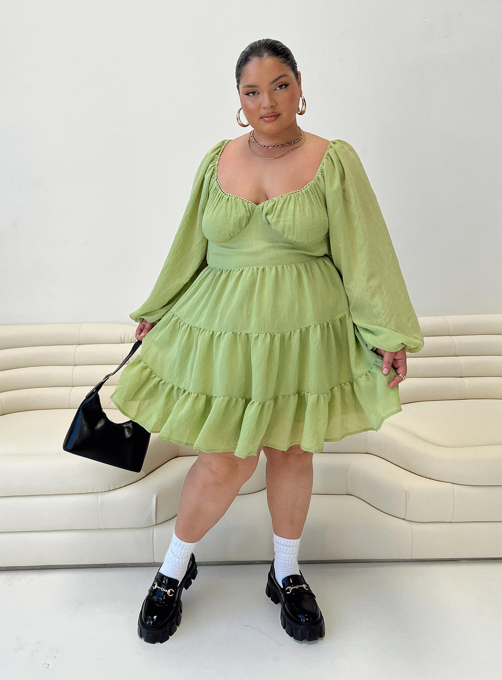 Danny Long Sleeve Mini Dress Green Curve