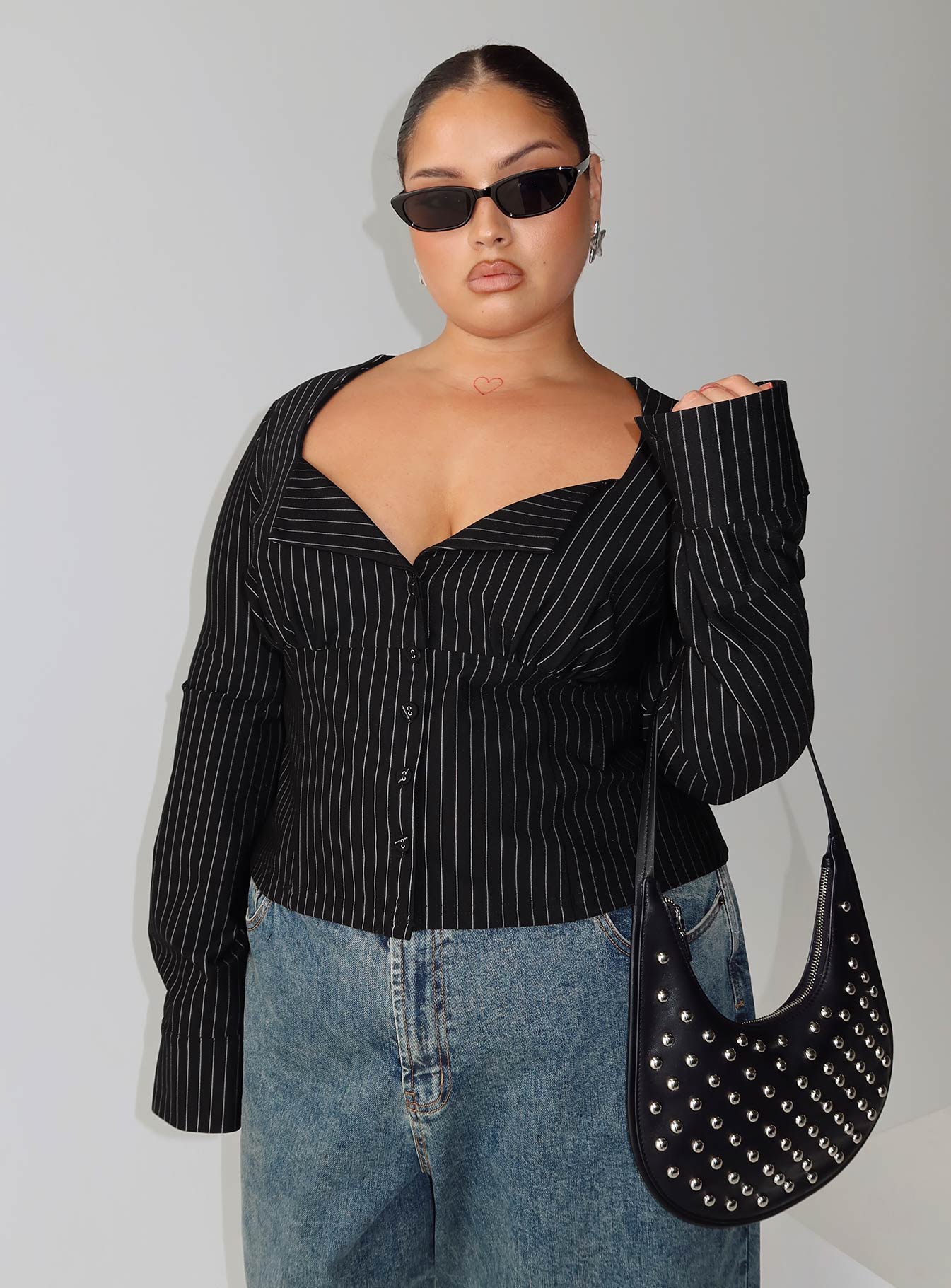 Set For Life Foldover Detail Long Sleeve Top Black / White Pinstripe Curve