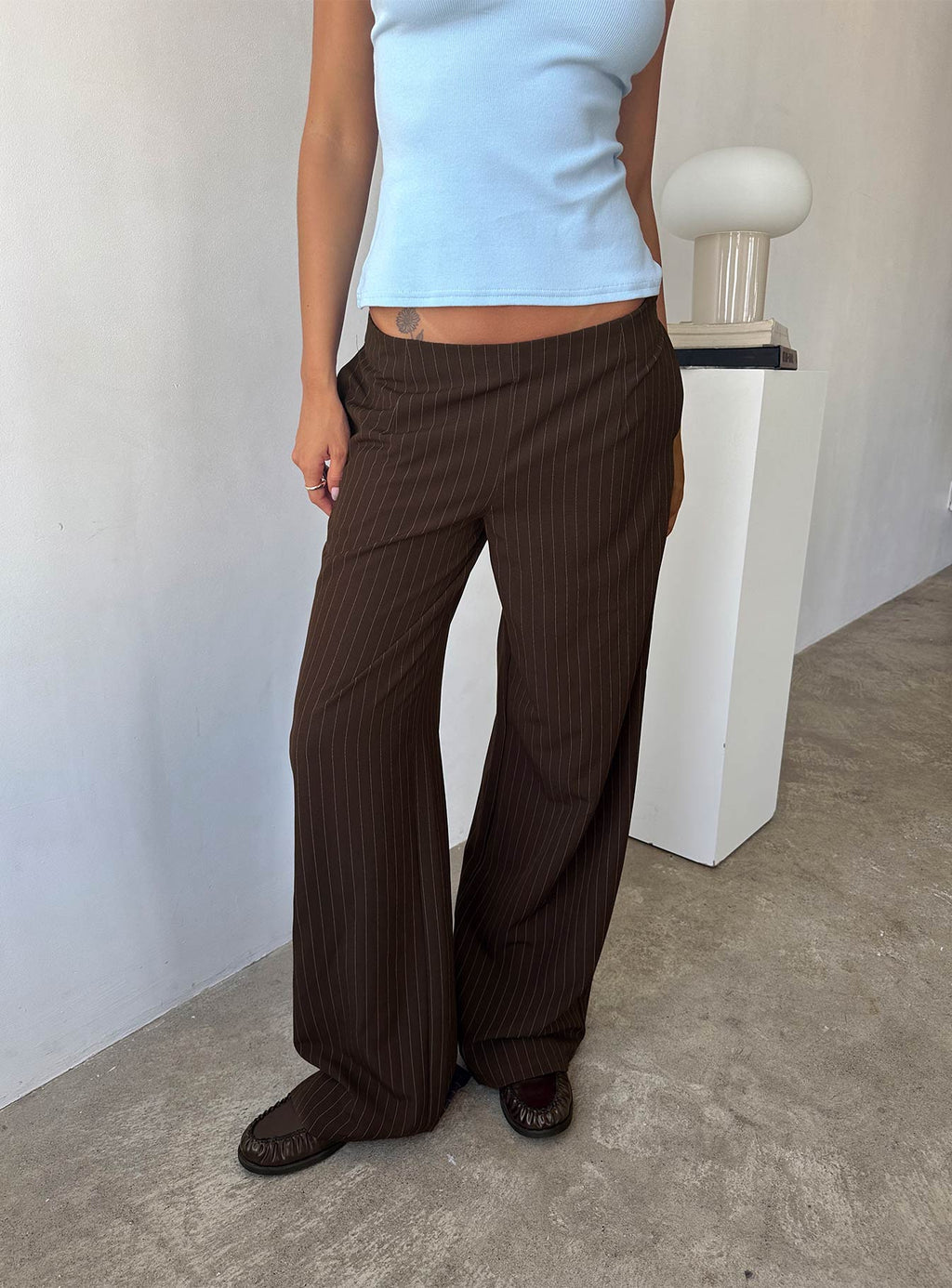 Khane Low Rise Wide Leg Pant Brown Pinstripe