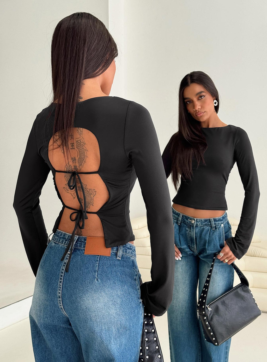 Lifes Good Long Sleeve Backless Top Black