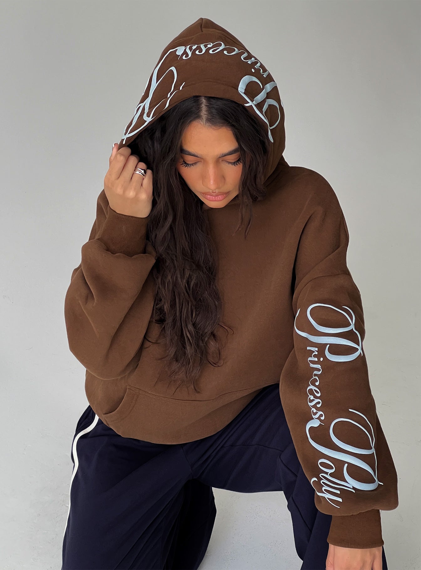 Princess Polly Script Text Graphic Hoodie Brown / Blue