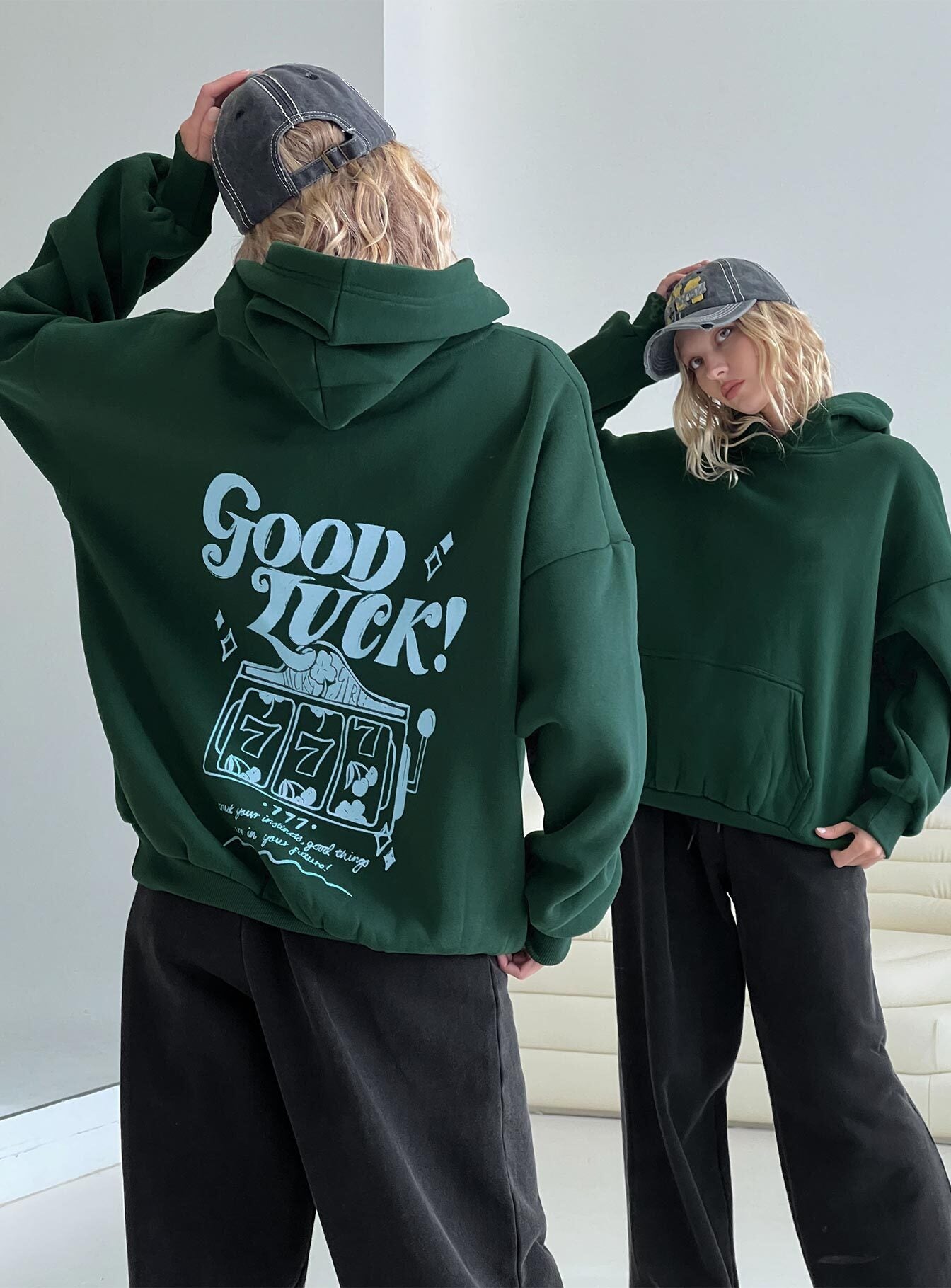 Good Luck Graphic Hoodie Green / Blue