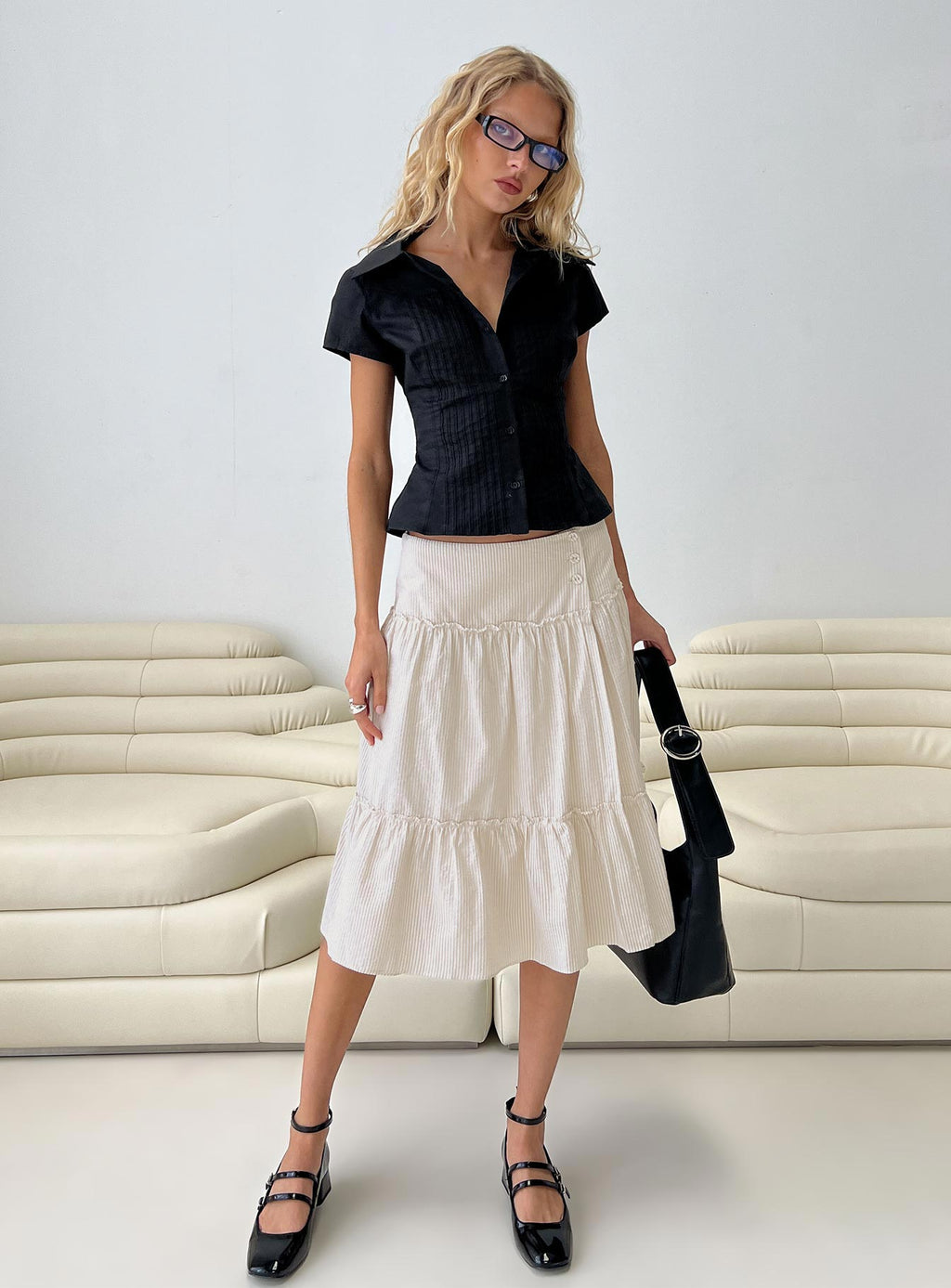 Cascades Low Rise Midi Skirt Beige / White Stripe