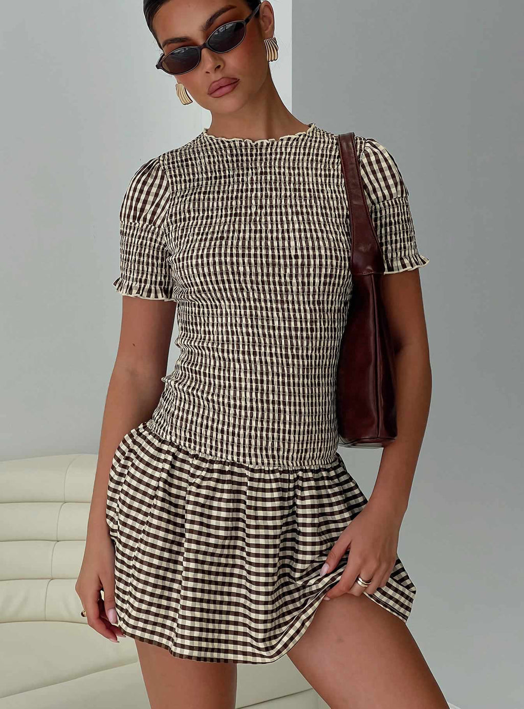 Laurita Shirred Mini Dress Brown Check Tall
