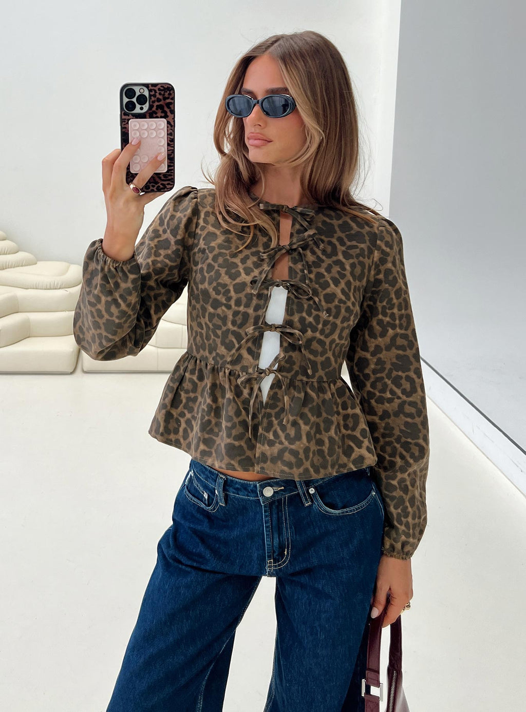 Recognize Tie Detail Long Sleeve Top Leopard