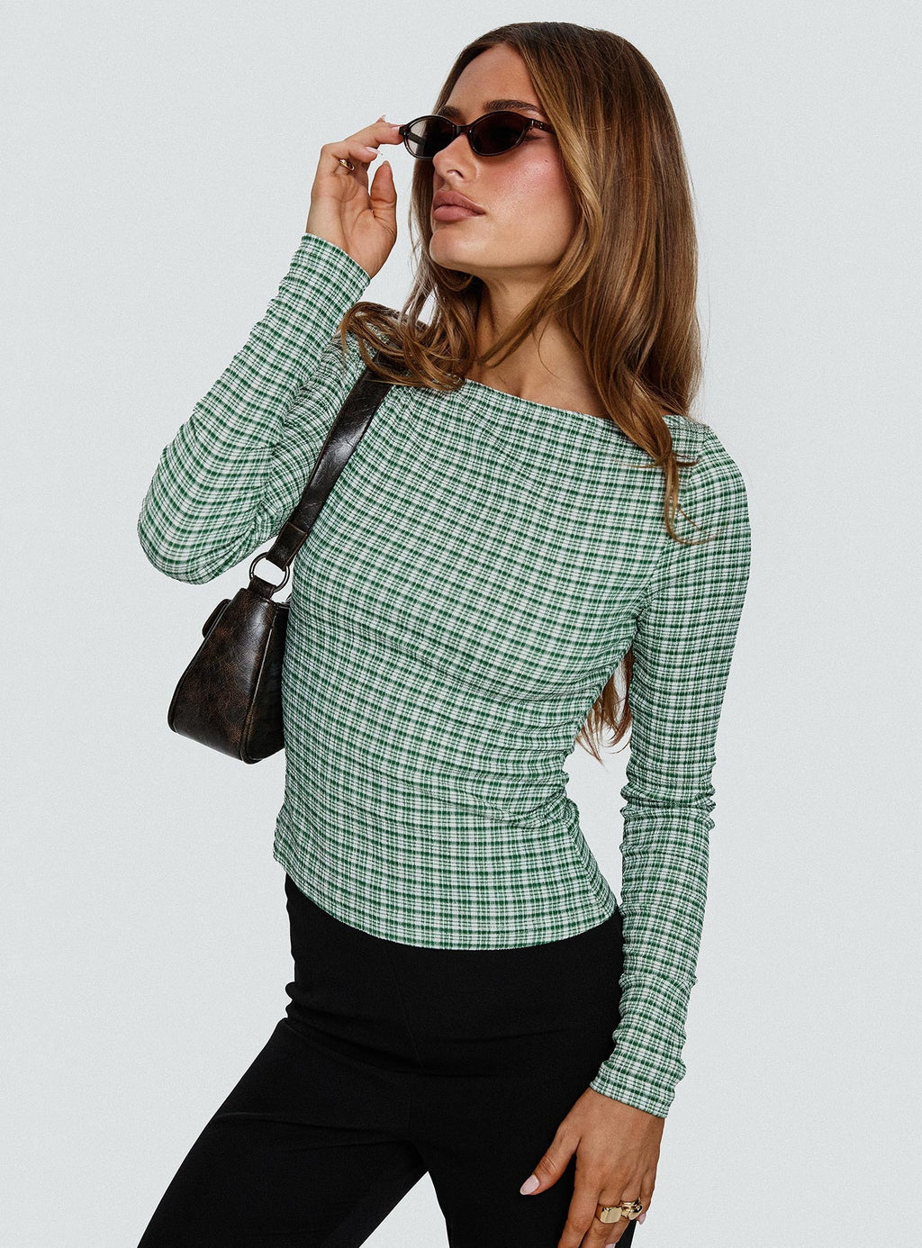 Every Second Boat Neck Long Sleeve Top Green Check
