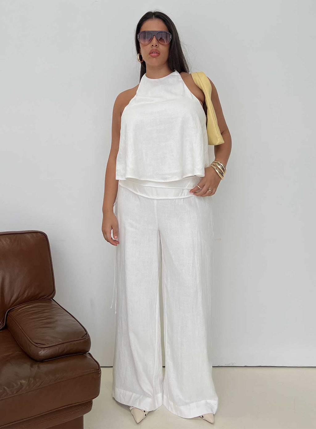 Silver Moon Linen Blend Tie Pants White Curve