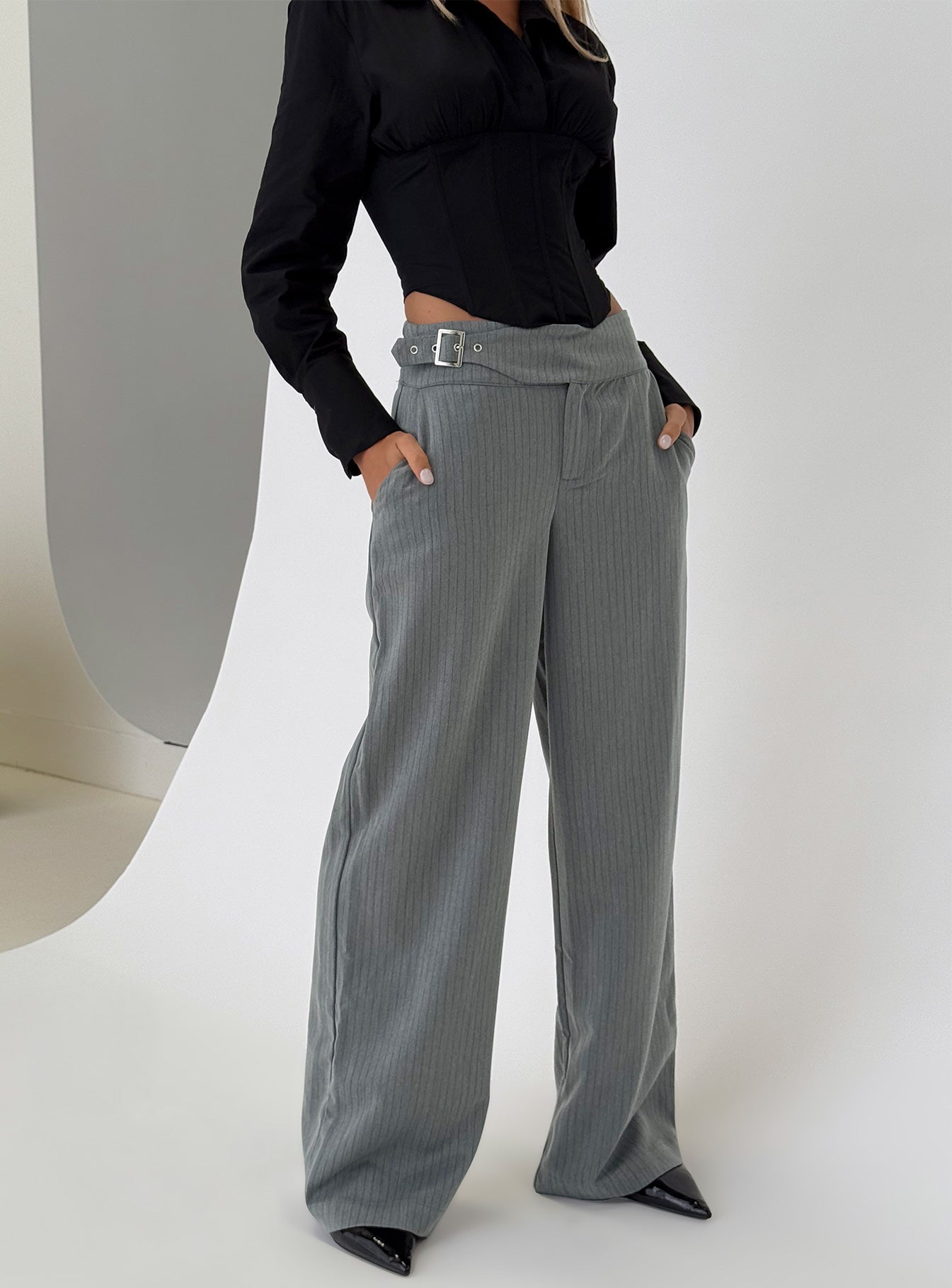 Jinny Relaxed Buckle Tailored Pants Grey Pinstripe