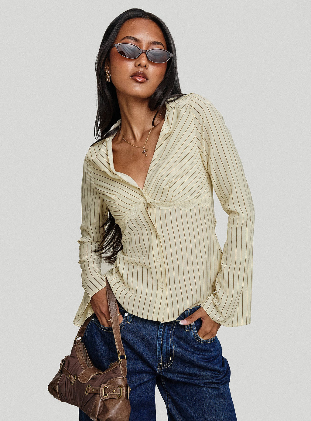 Life Begins Long Sleeve Lace Trim Top Cream Stripe