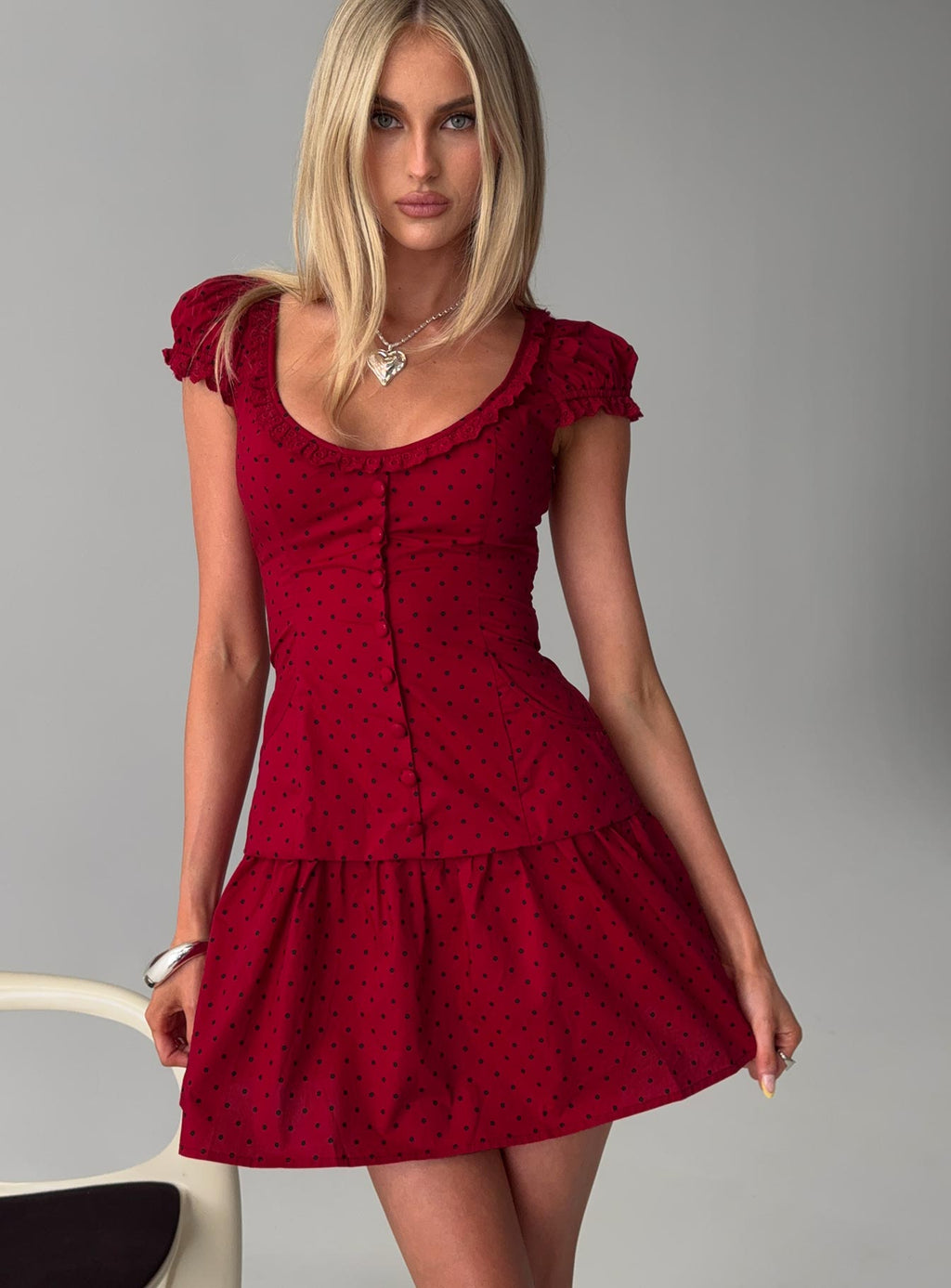 Ottillie Lace Trim Button Down Mini Dress Red Polka Dot