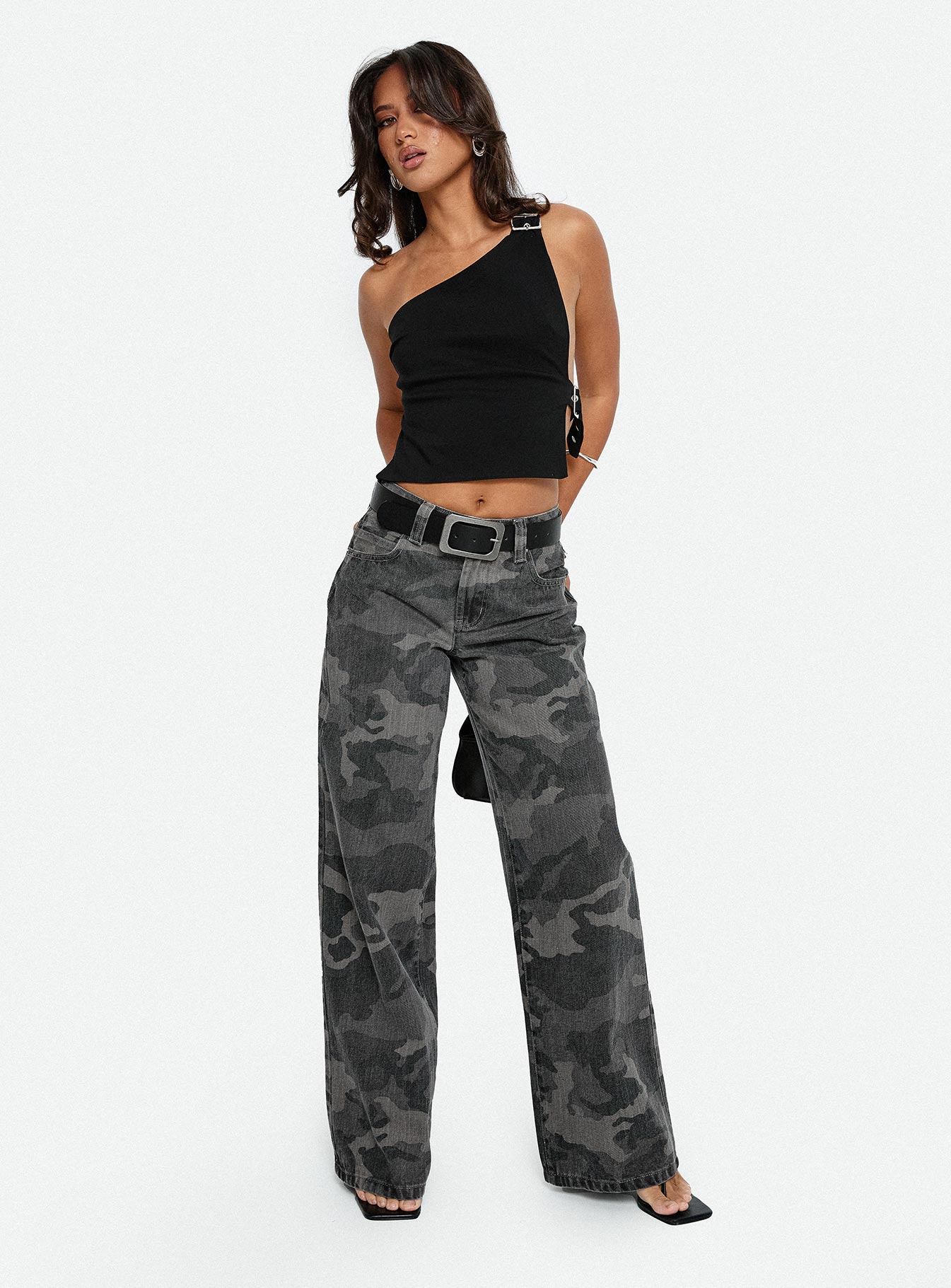 Big Talk Mid Rise Straight Leg Jeans Grey Washed Camo