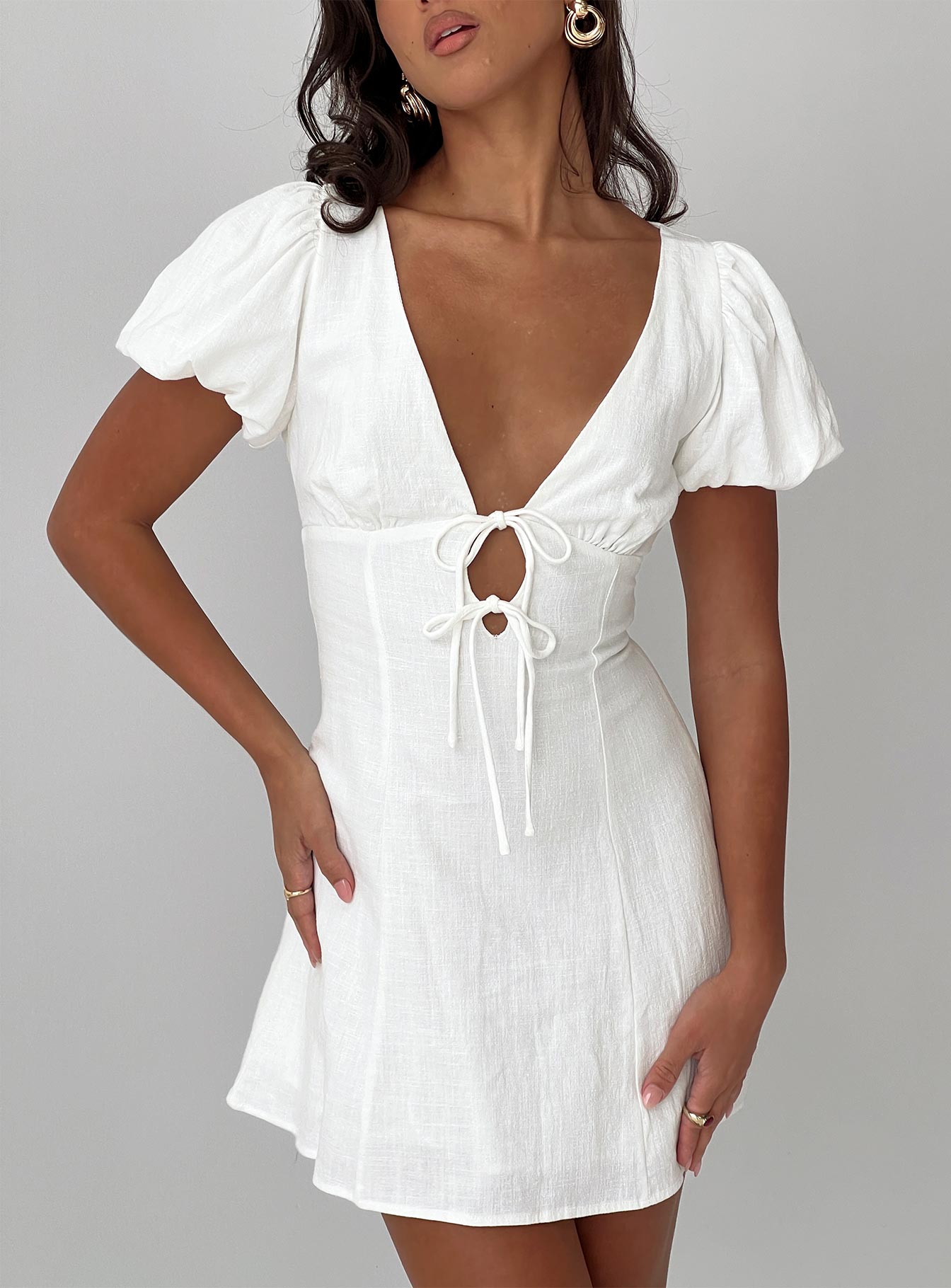 Beloved Puff Sleeve Linen Blend Mini Dress White