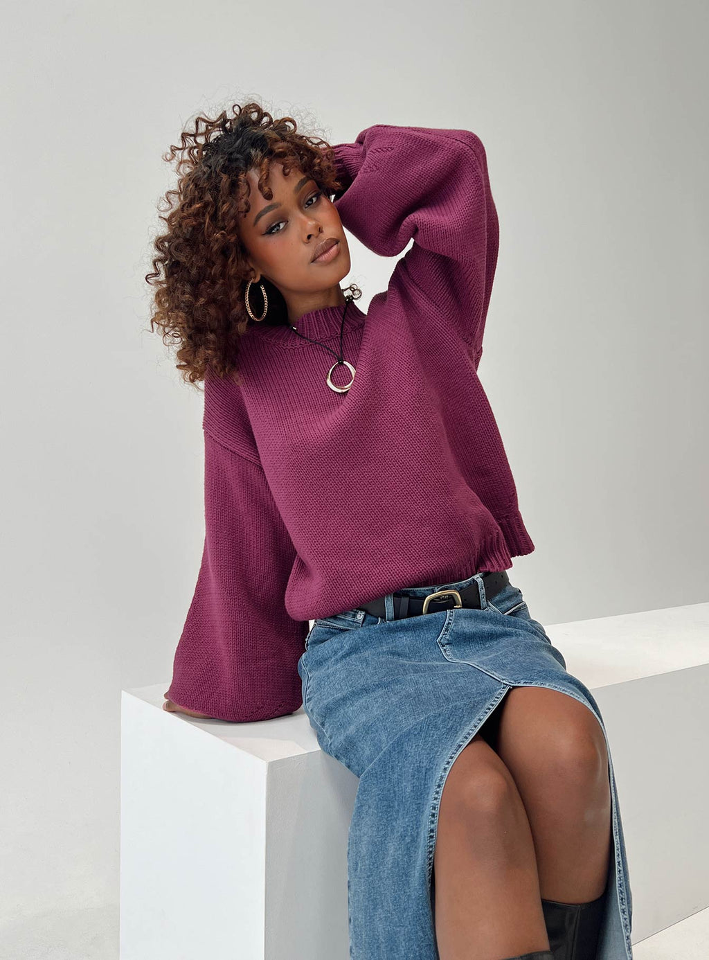 Harmony Balloon Sleeve Knit Sweater Burgundy