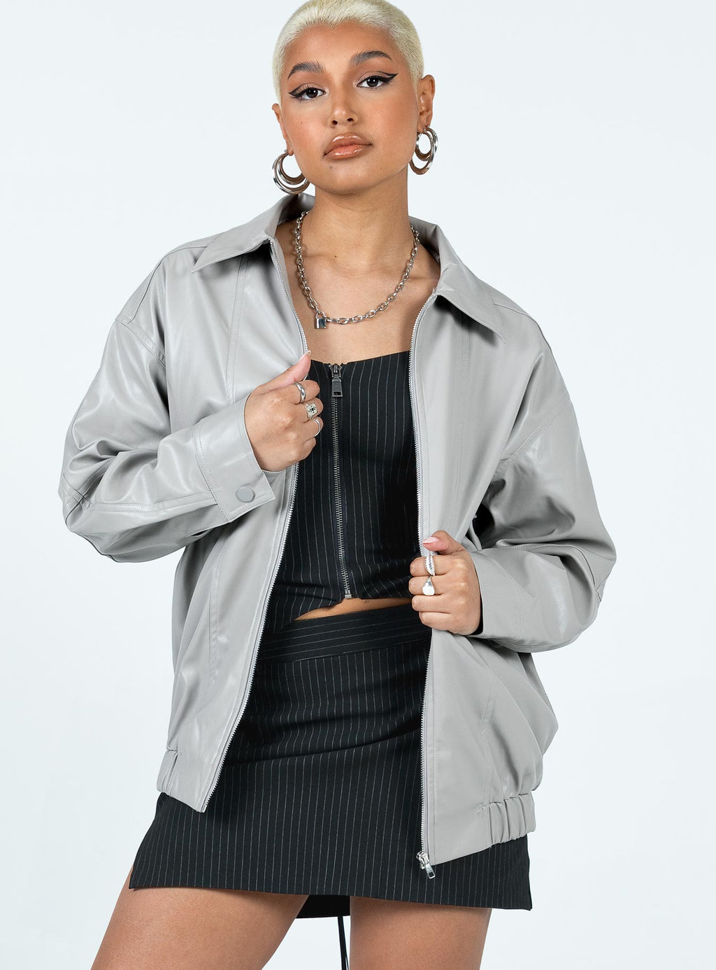 Braelynn Faux Leather Bomber Jacket Grey