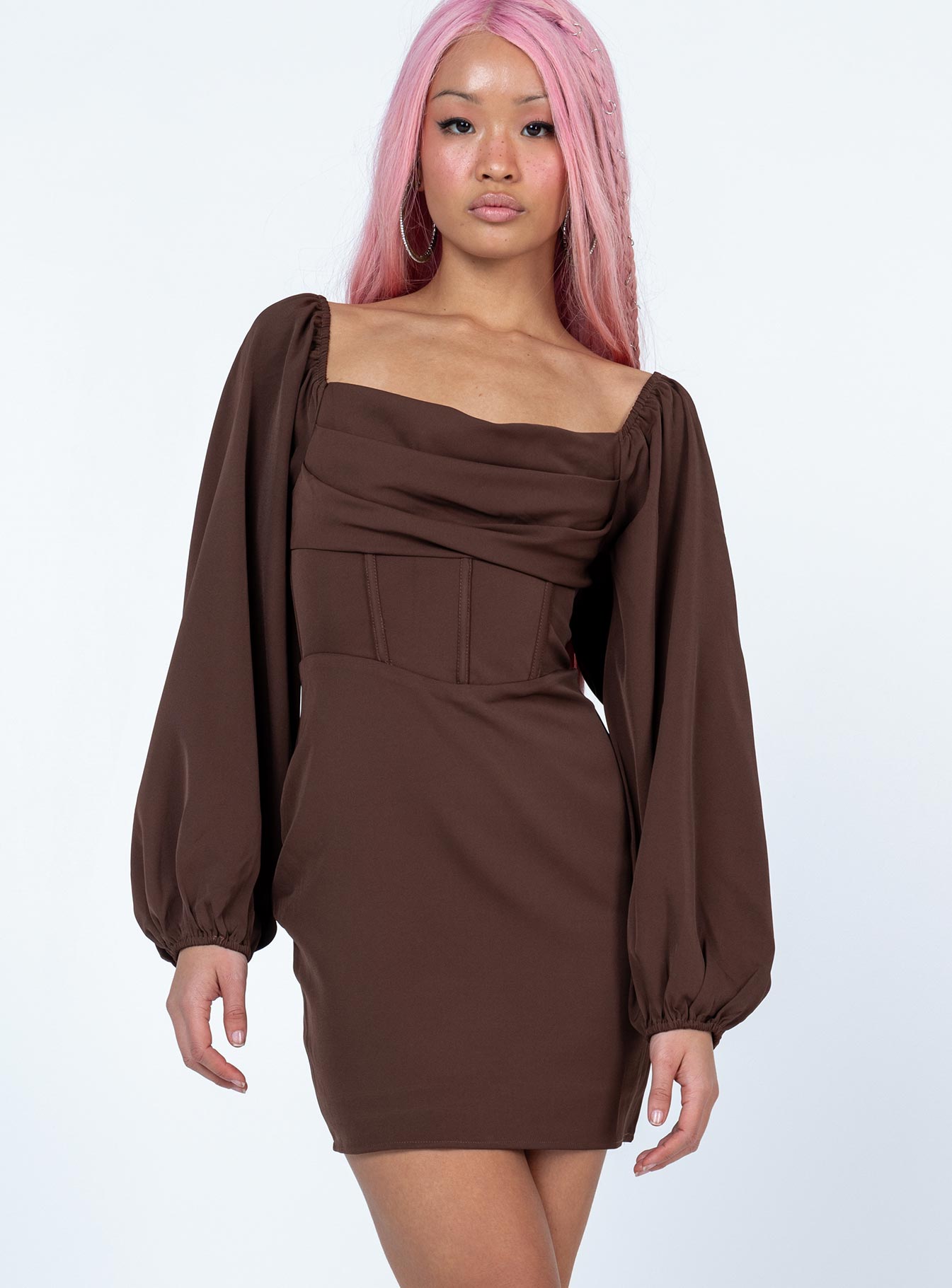 Lillie Long Sleeve Mini Dress Brown