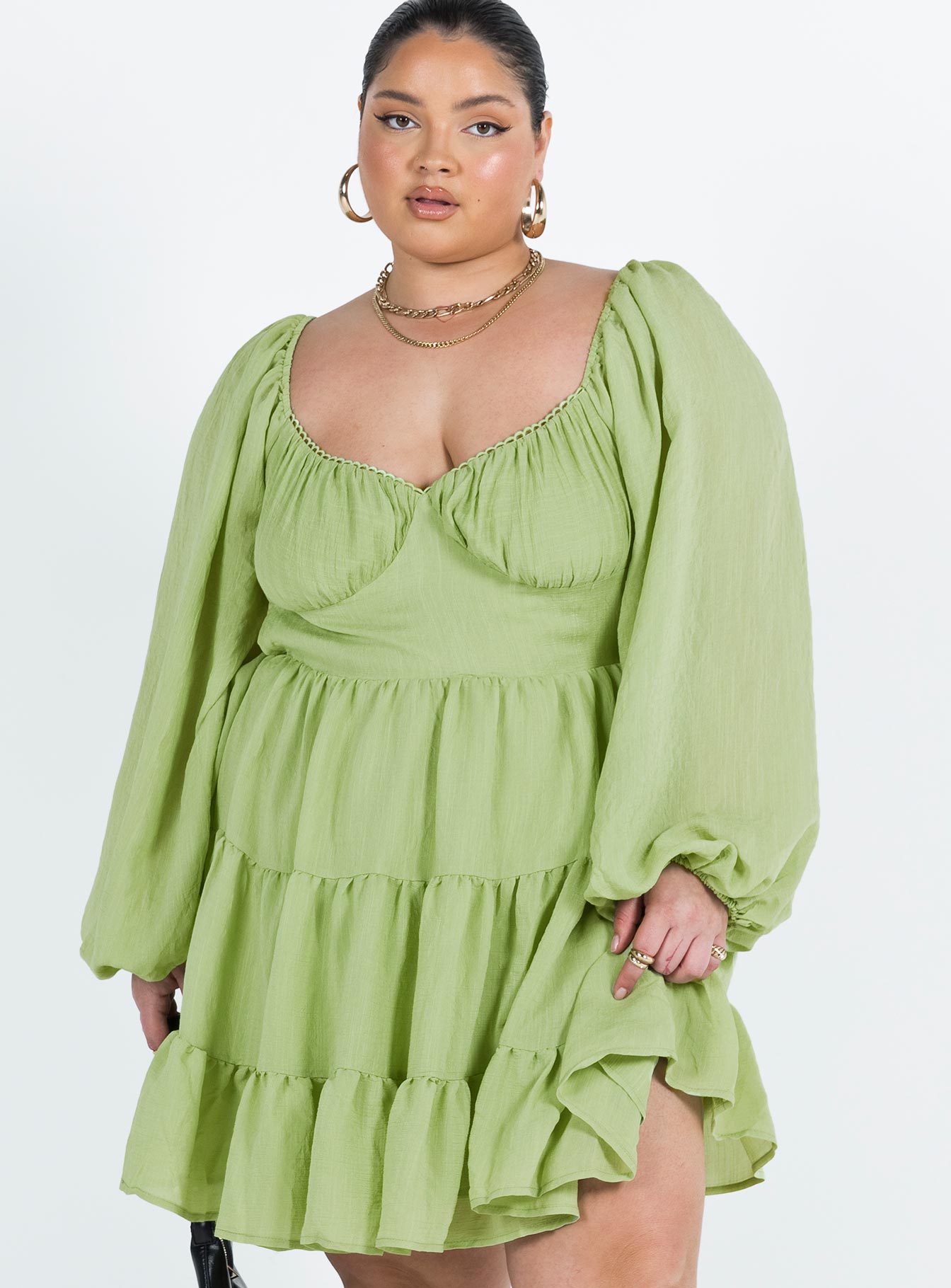 Danny Long Sleeve Mini Dress Green Curve