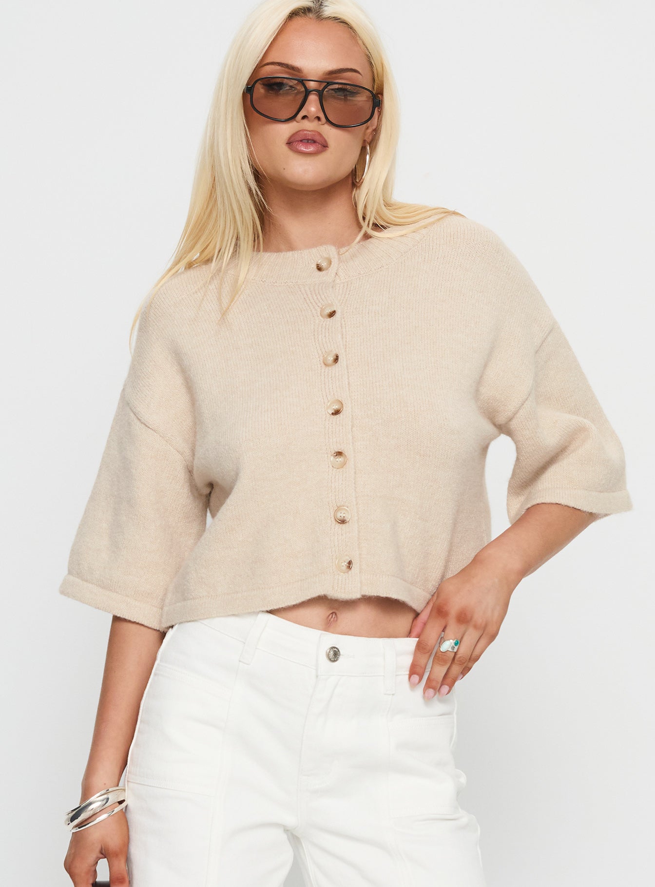 Verina Short Sleeve Knit Cardigan Oat