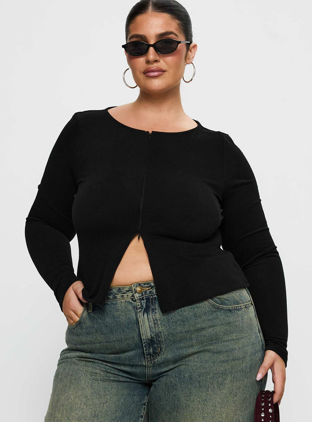 Kortez Long Sleeve Zip Through Top Black Curve