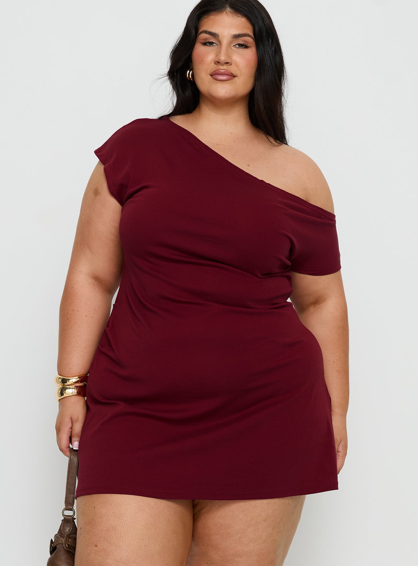 Prestige One Shoulder Mini Dress Burgundy Curve
