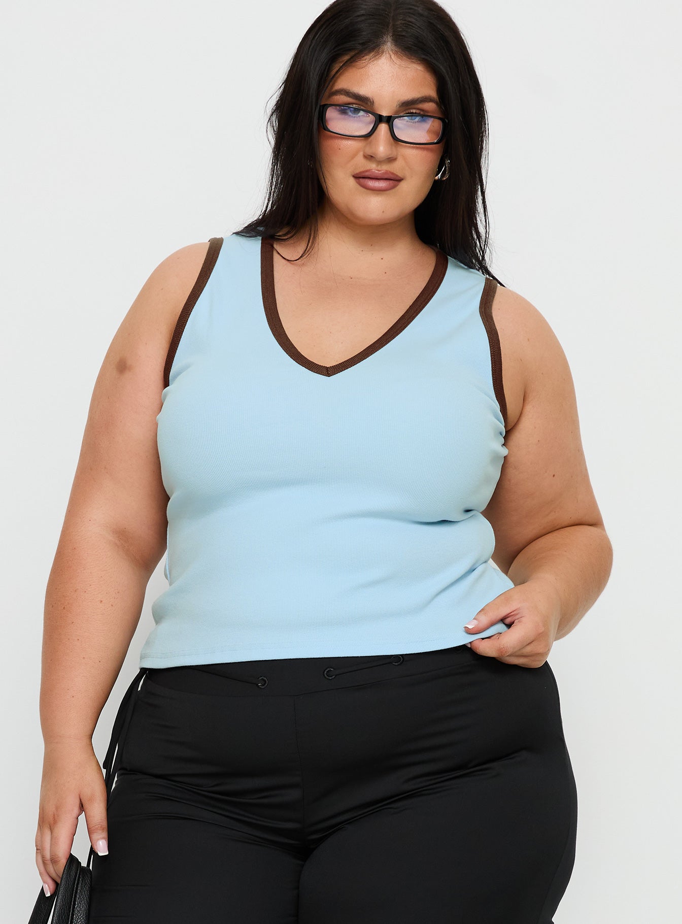 Baseline V Neck Rib Tank Top Blue / Brown Curve