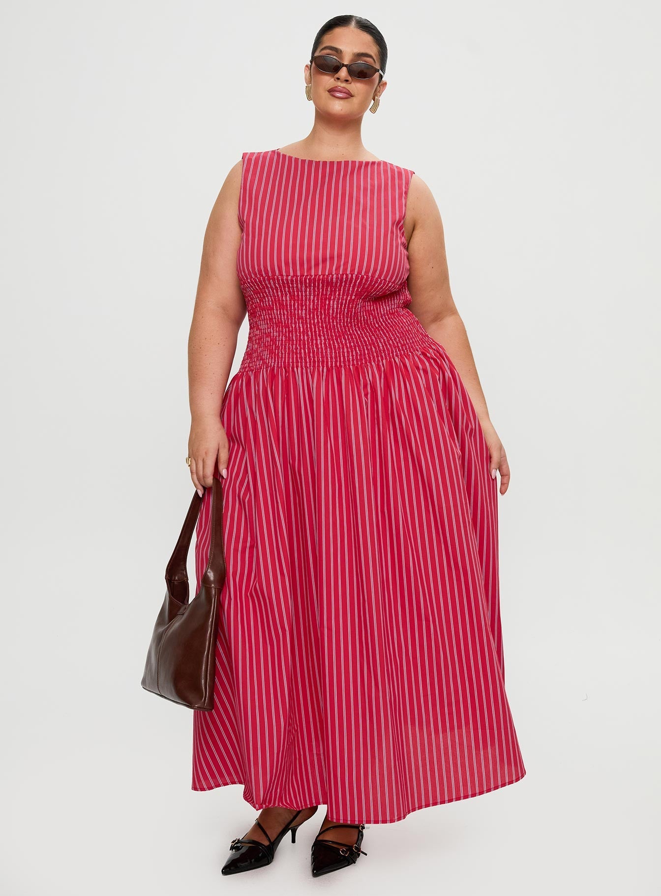 Lilienne Cotton Poplin Maxi Dress Red Stripe Curve