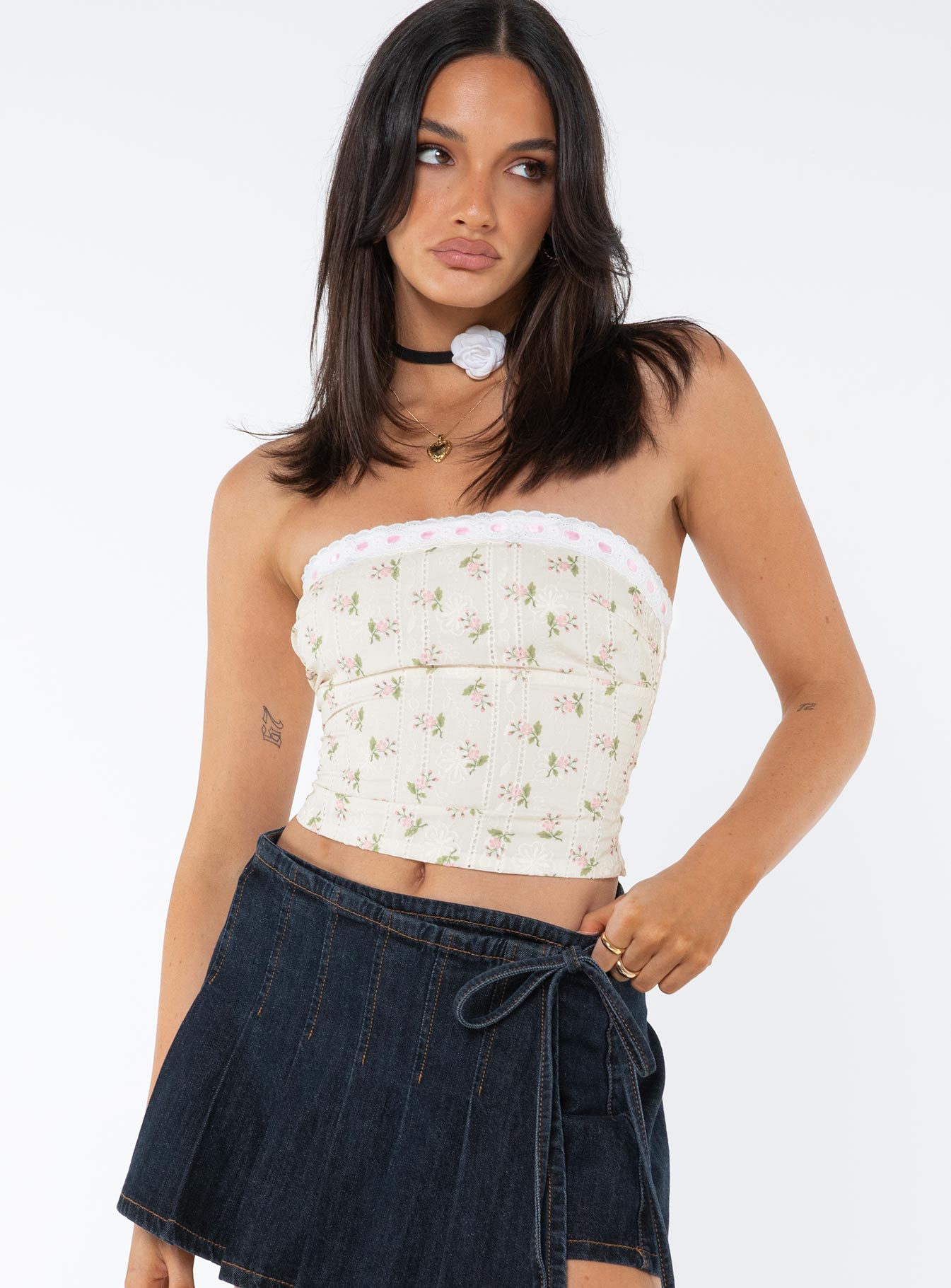 Chariot Strapless Top White / Floral