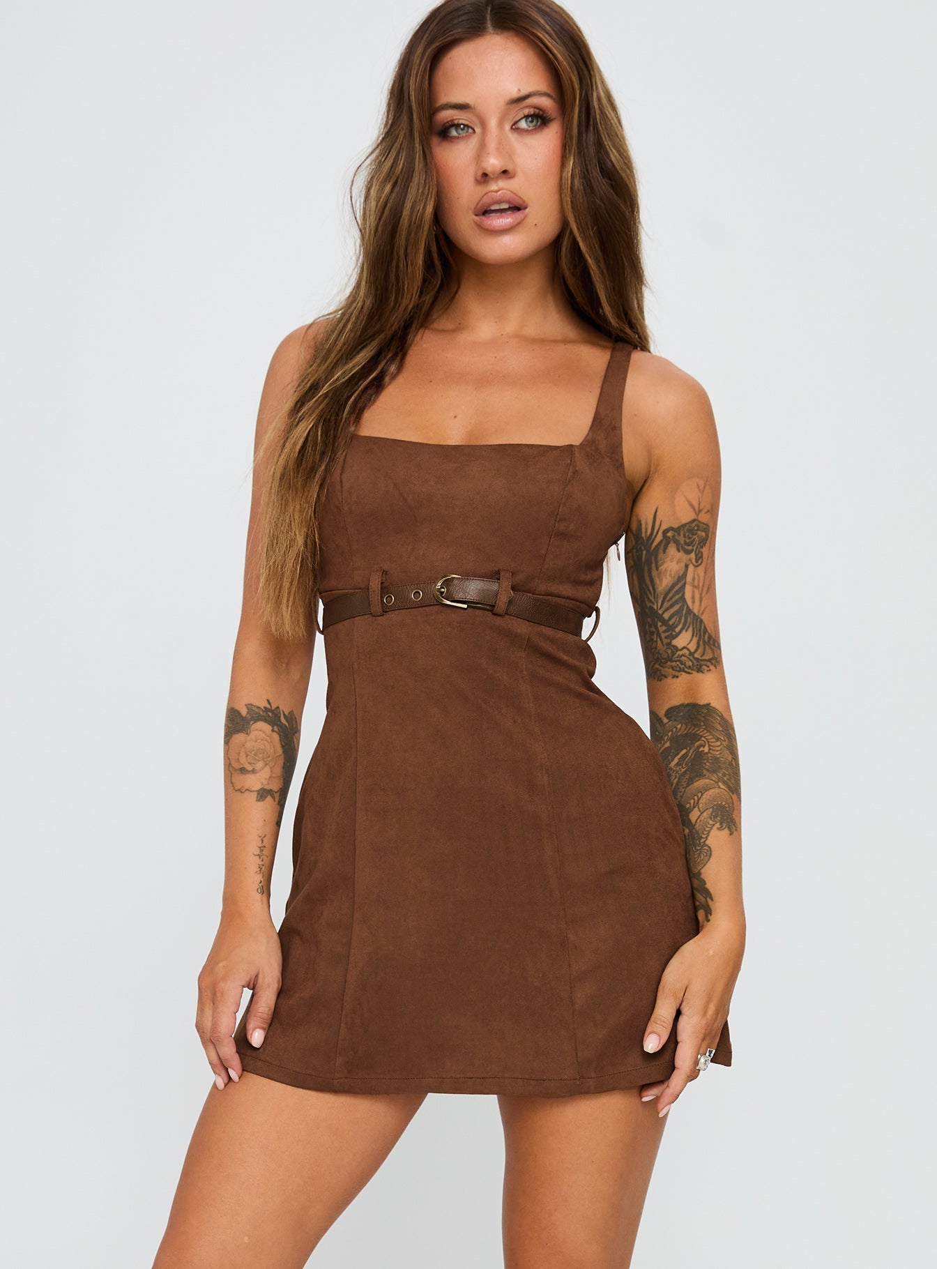 Way Back In Faux Suede Mini Dress Brown