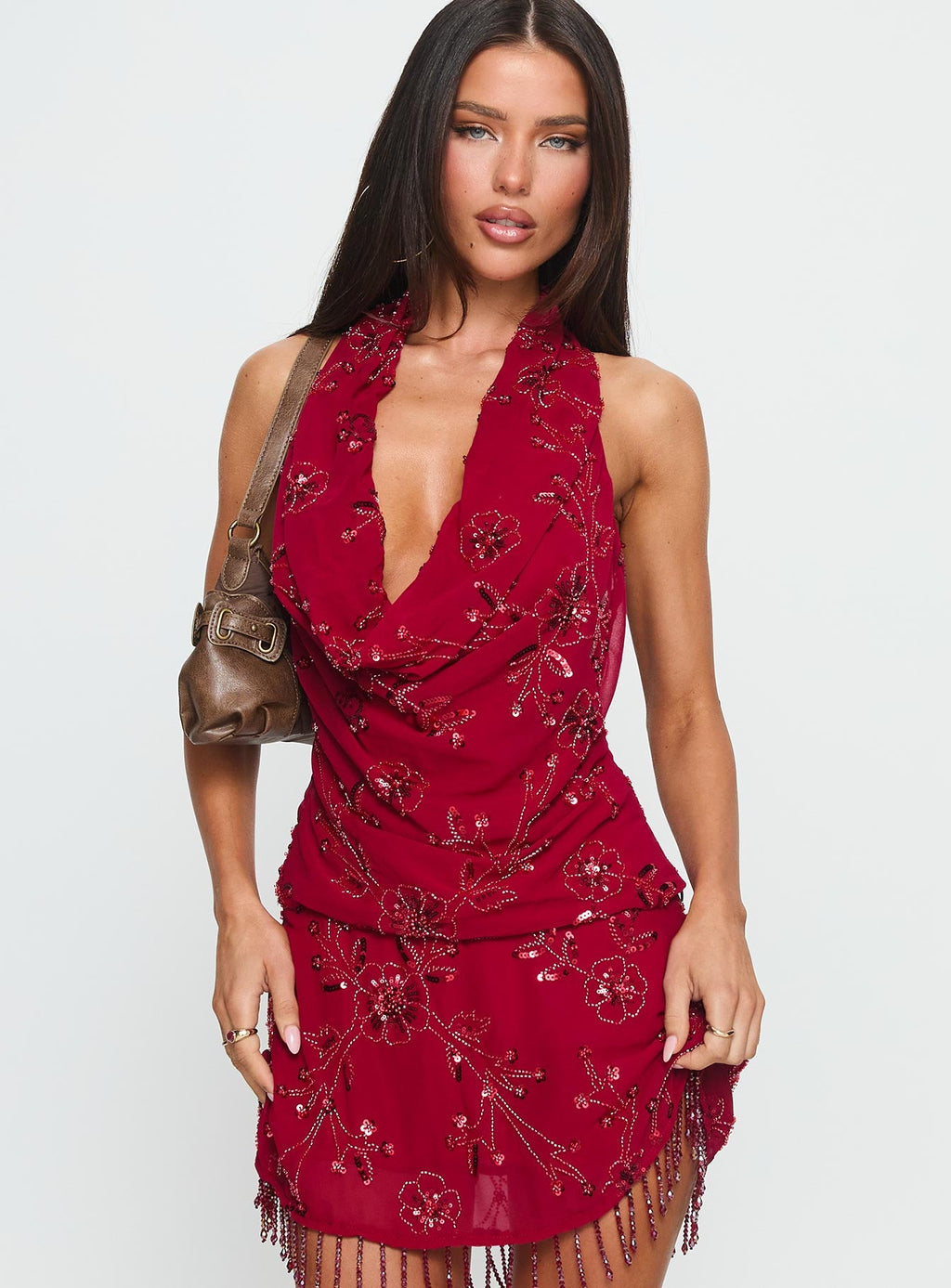 Twilight Zone Beaded Cowl Neck Top Red