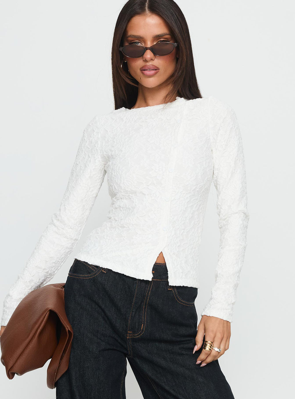 Passoni Long Sleeve Lace Top White