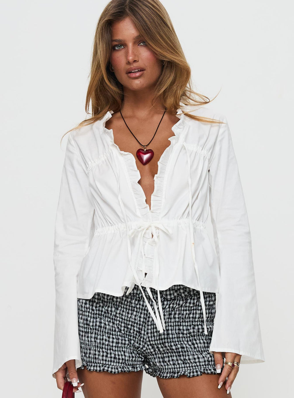 Harloe Ruched Tie Up Long Sleeve Top White