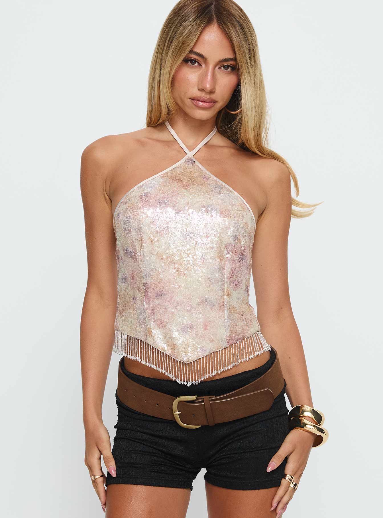 Udelle Sequin Fringey Halter Top Cream Sequin
