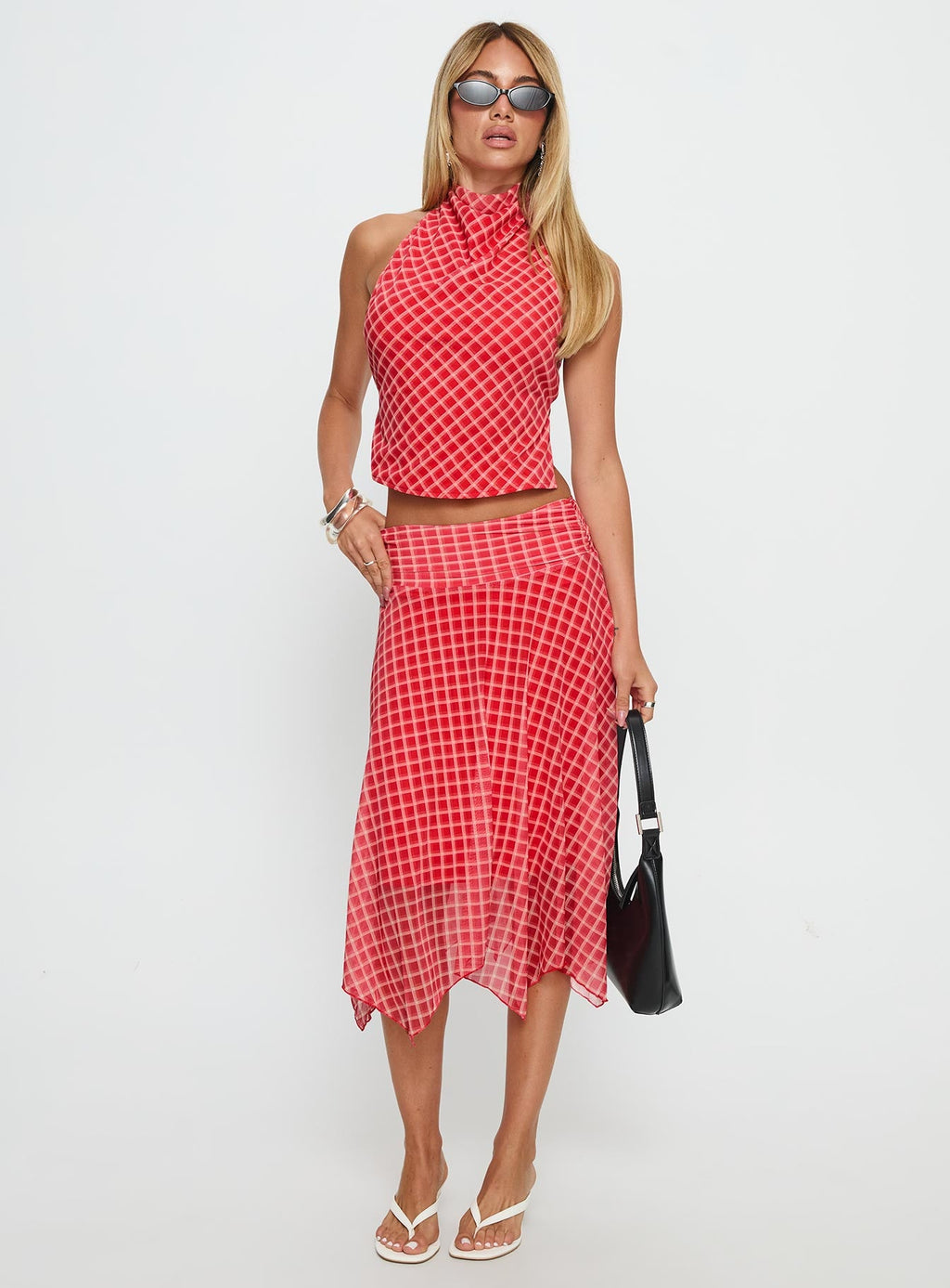Scenic Route Asymmetrical Midi Skirt Red Check