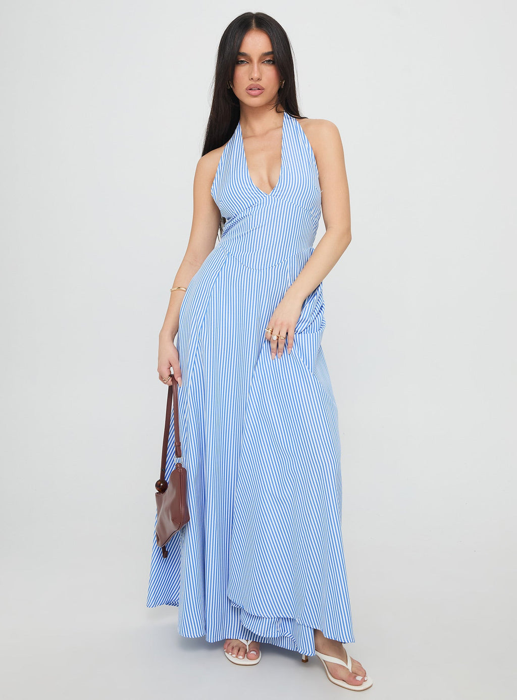Ivie Halter Plunge Maxi Dress Blue Stripe