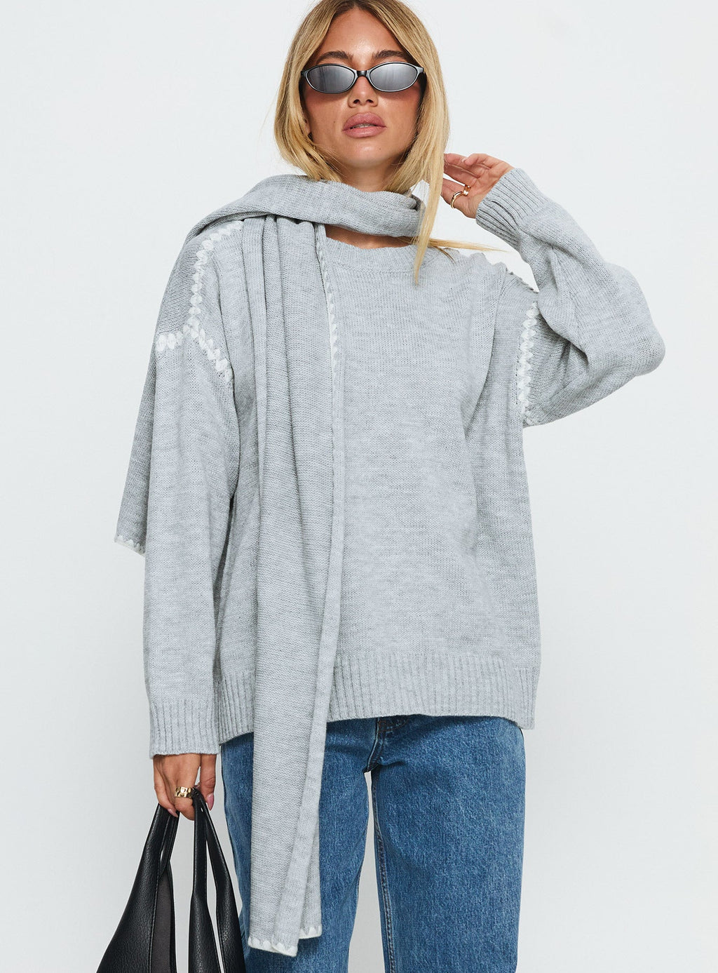 Keriana Contrast Stitch Knit Sweater Grey / White