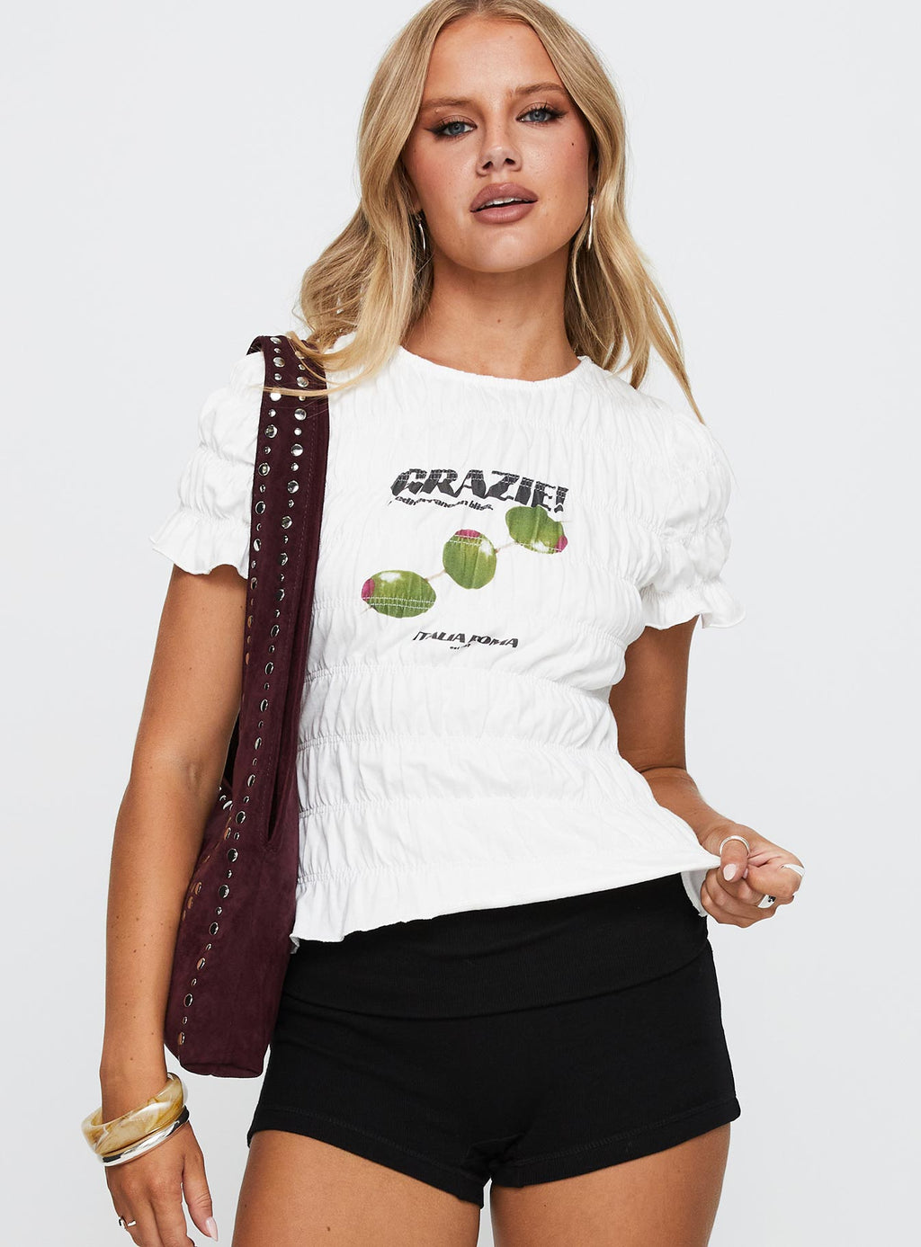Grazie Mille Shirred Graphic Top White / Green